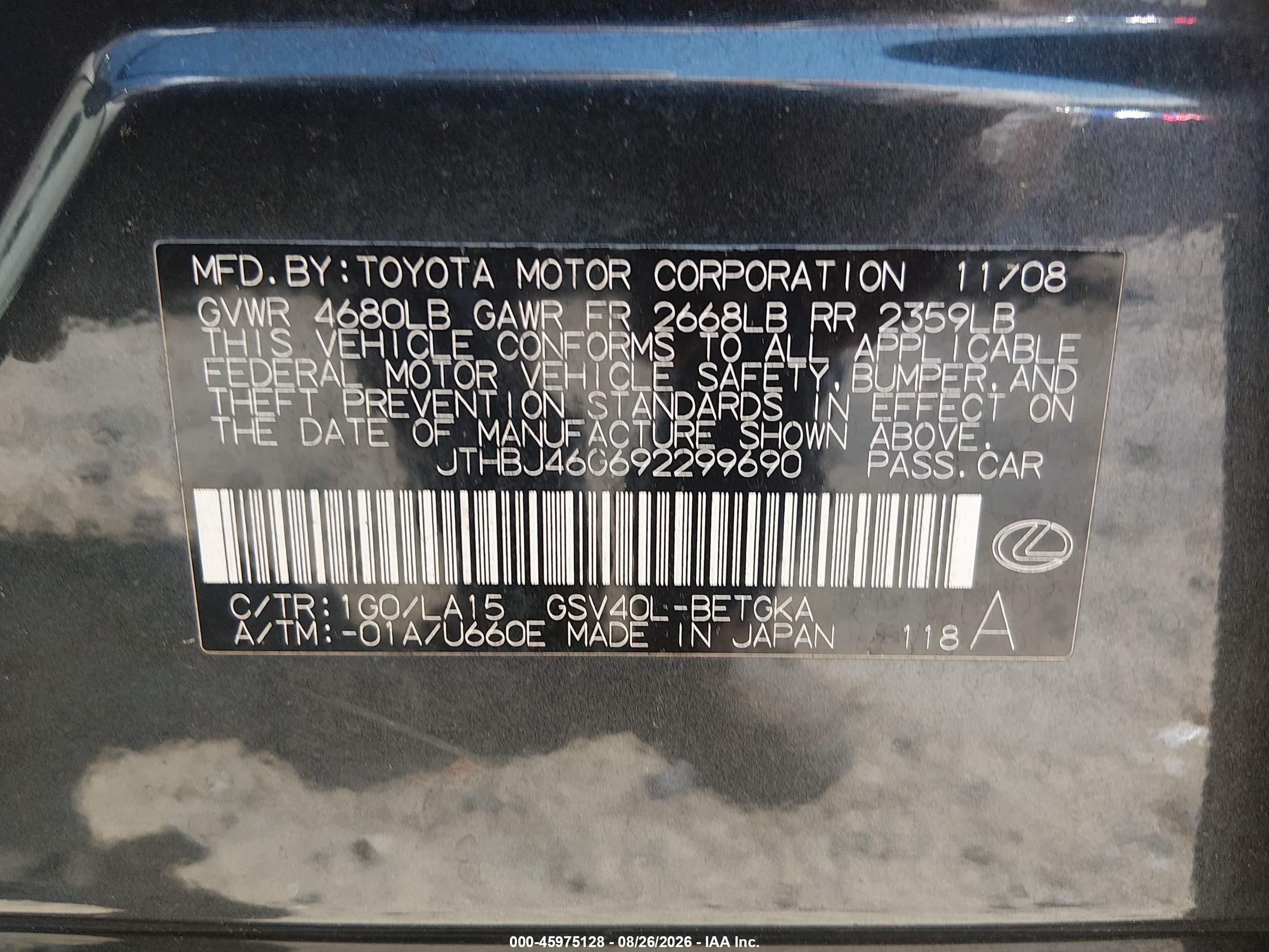 2009 Lexus Es 350   Gray vin: JTHBJ46G692299690