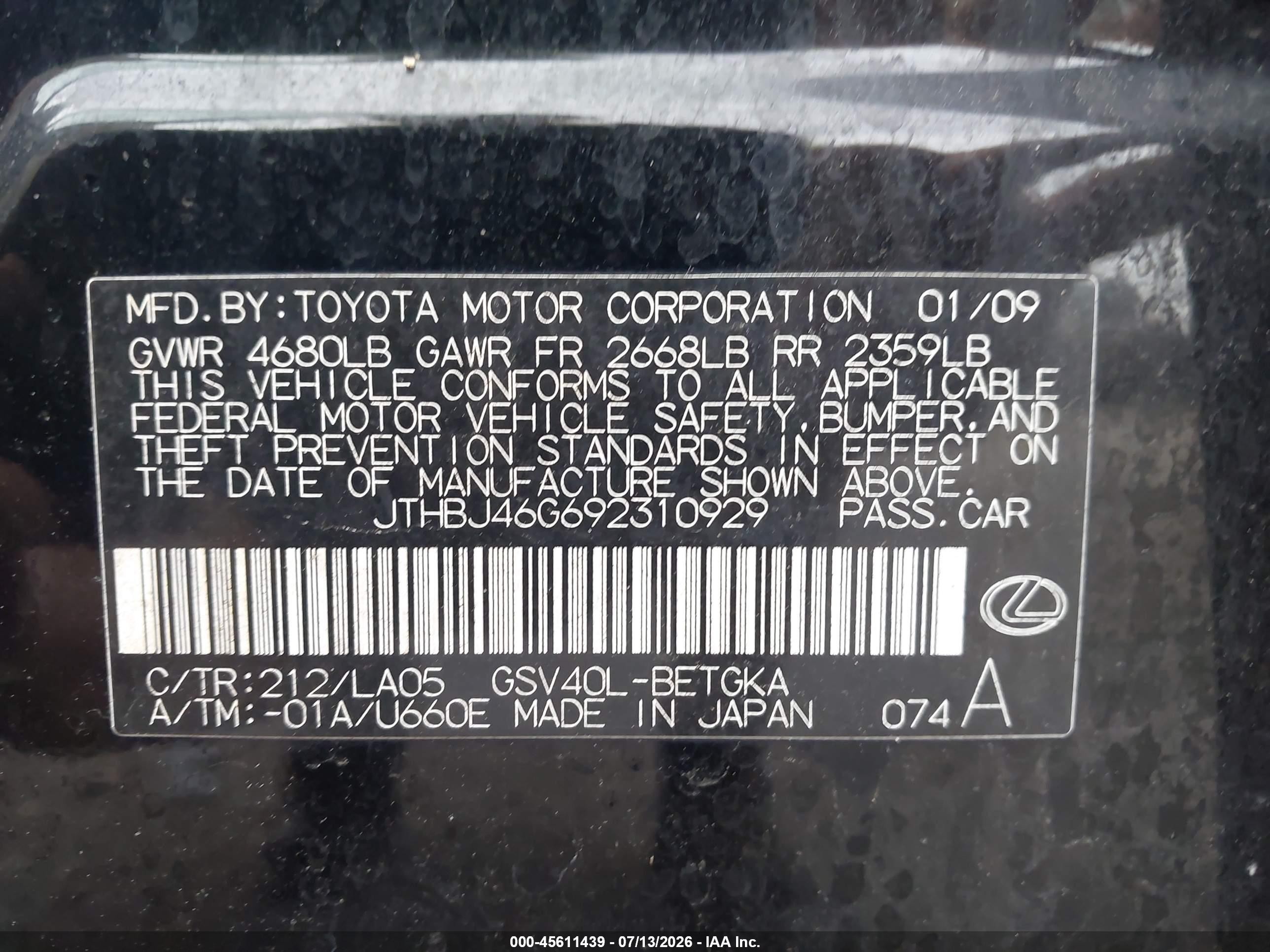 2009 Lexus Es 350   Черный vin: JTHBJ46G692310929