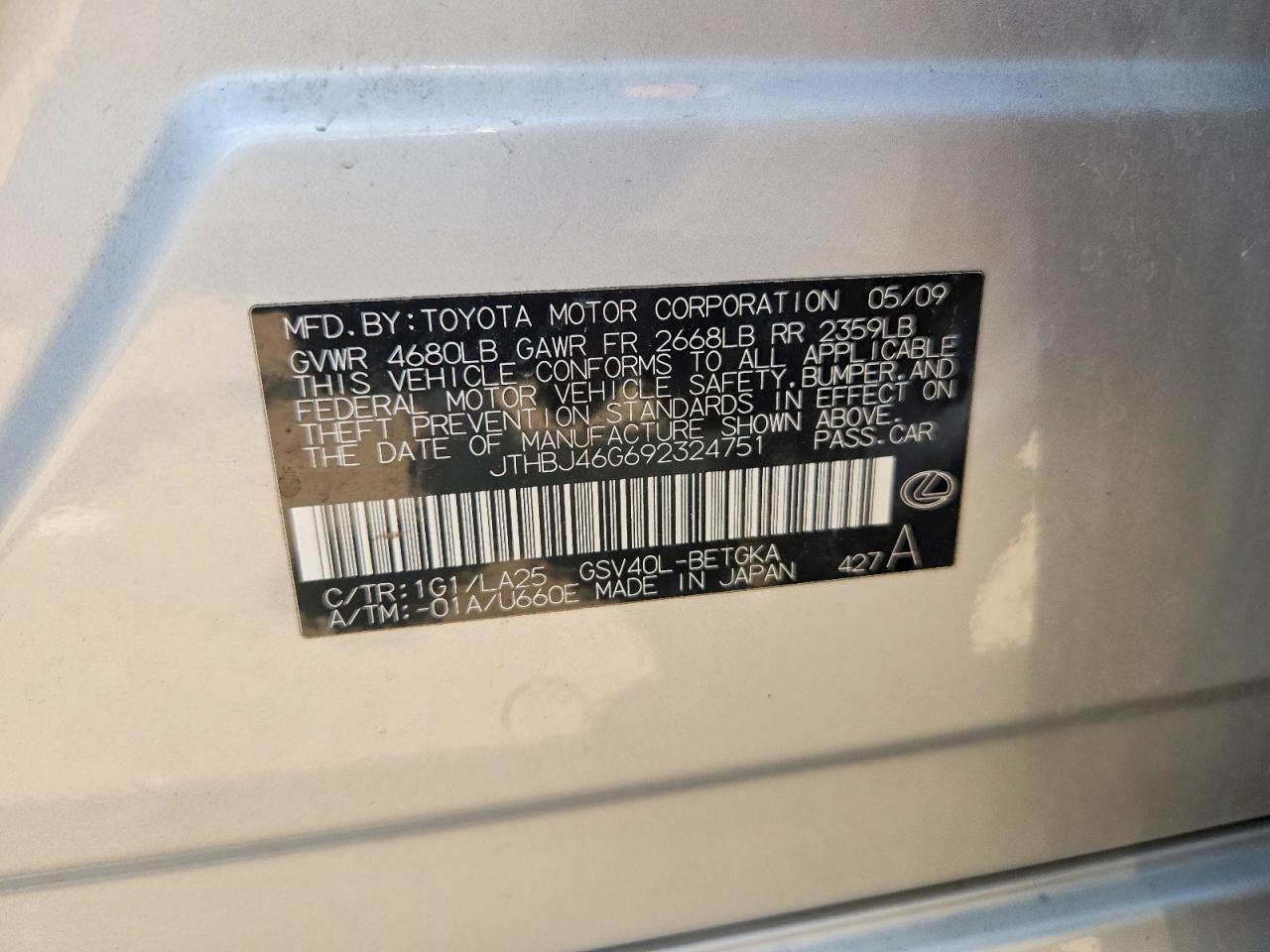 2009 Lexus Es 350 Silver vin: JTHBJ46G692324751