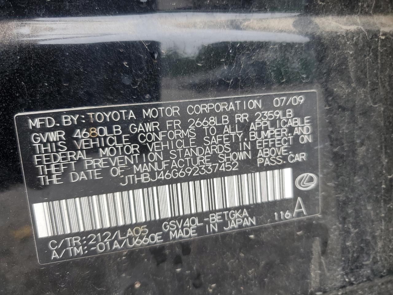 2009 Lexus Es 350 Черный vin: JTHBJ46G692337452