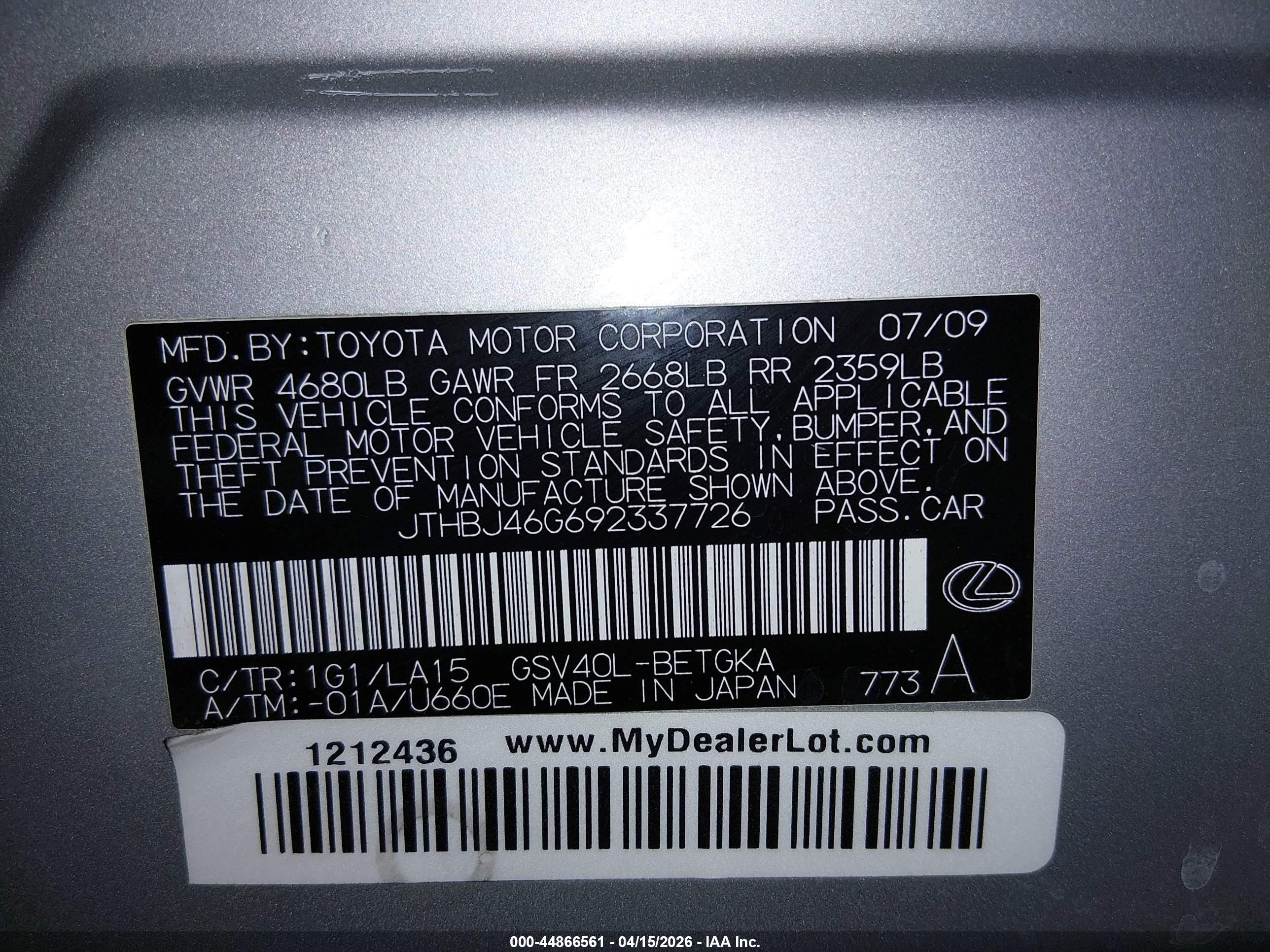 2009 Lexus Es 350   Silver vin: JTHBJ46G692337726