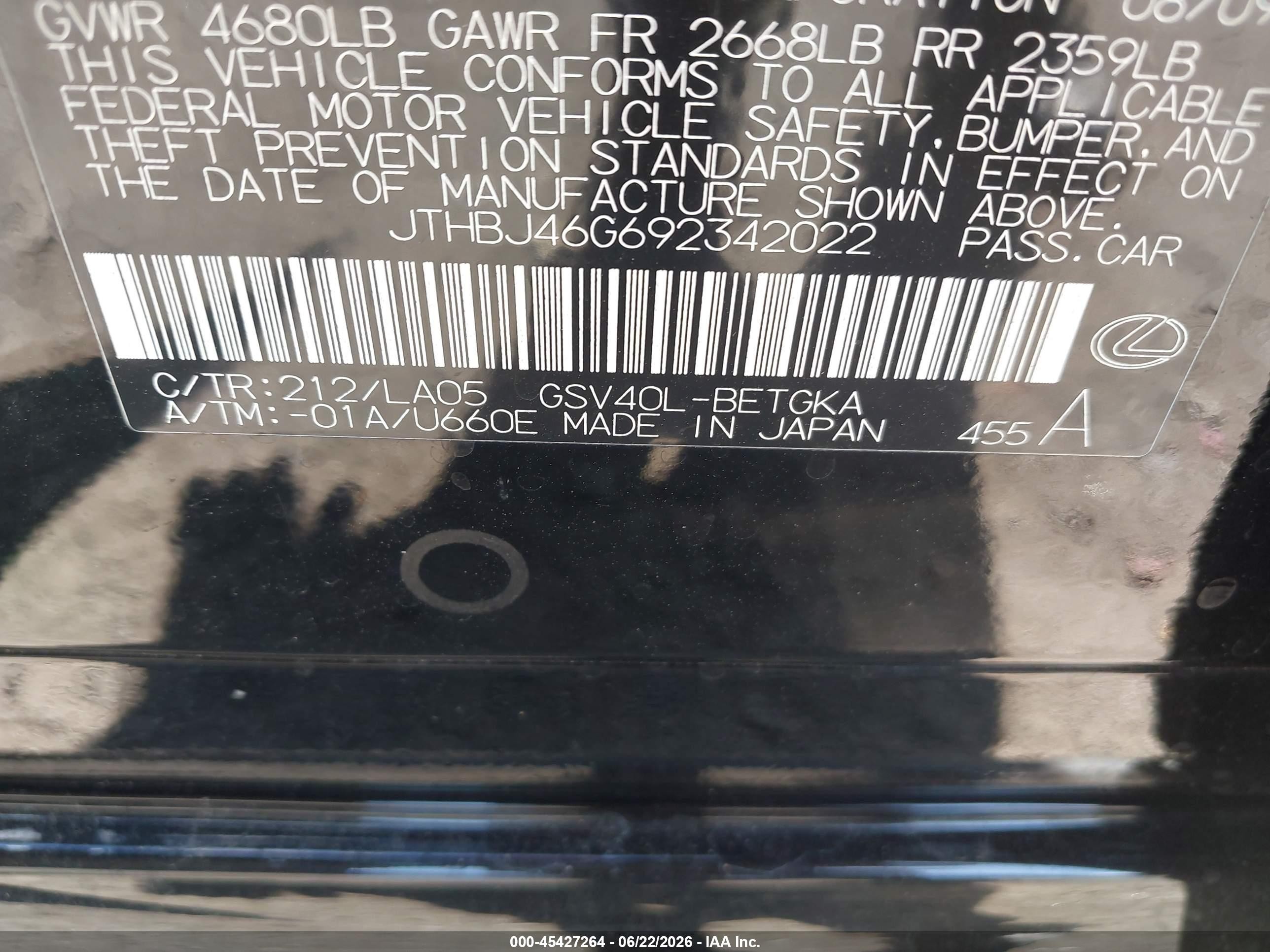 2009 Lexus Es 350   Black vin: JTHBJ46G692342022