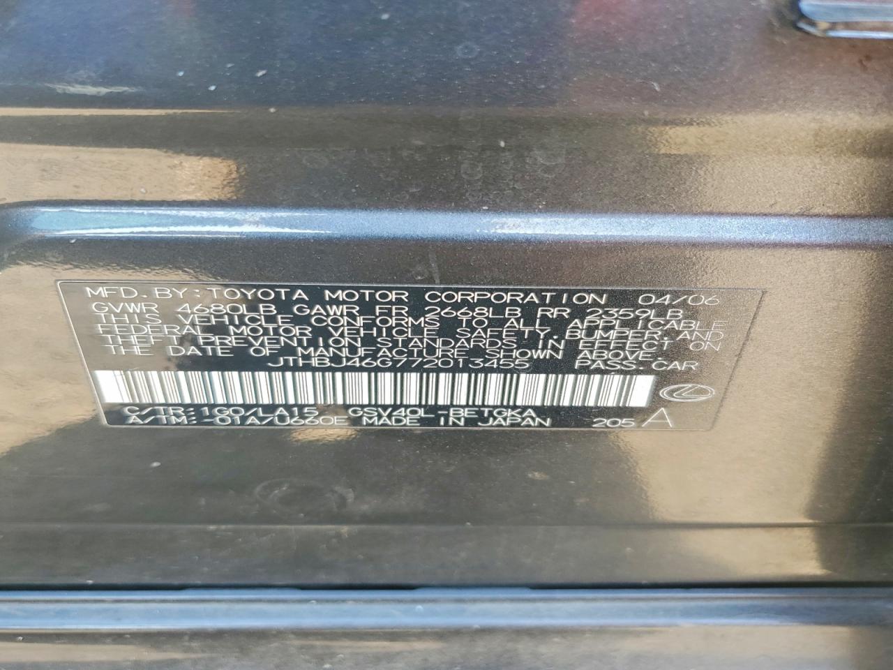 2007 Lexus Es 350 Charcoal vin: JTHBJ46G772013455