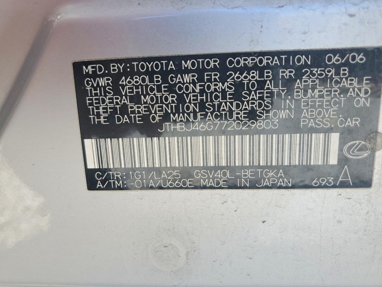 2007 Lexus Es 350 Silver vin: JTHBJ46G772029803