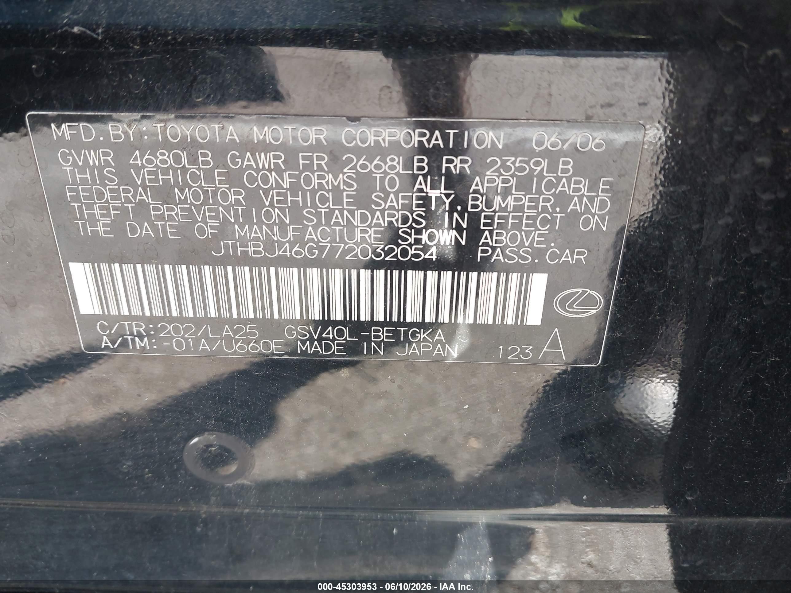 2007 Lexus Es 350   Black vin: JTHBJ46G772032054