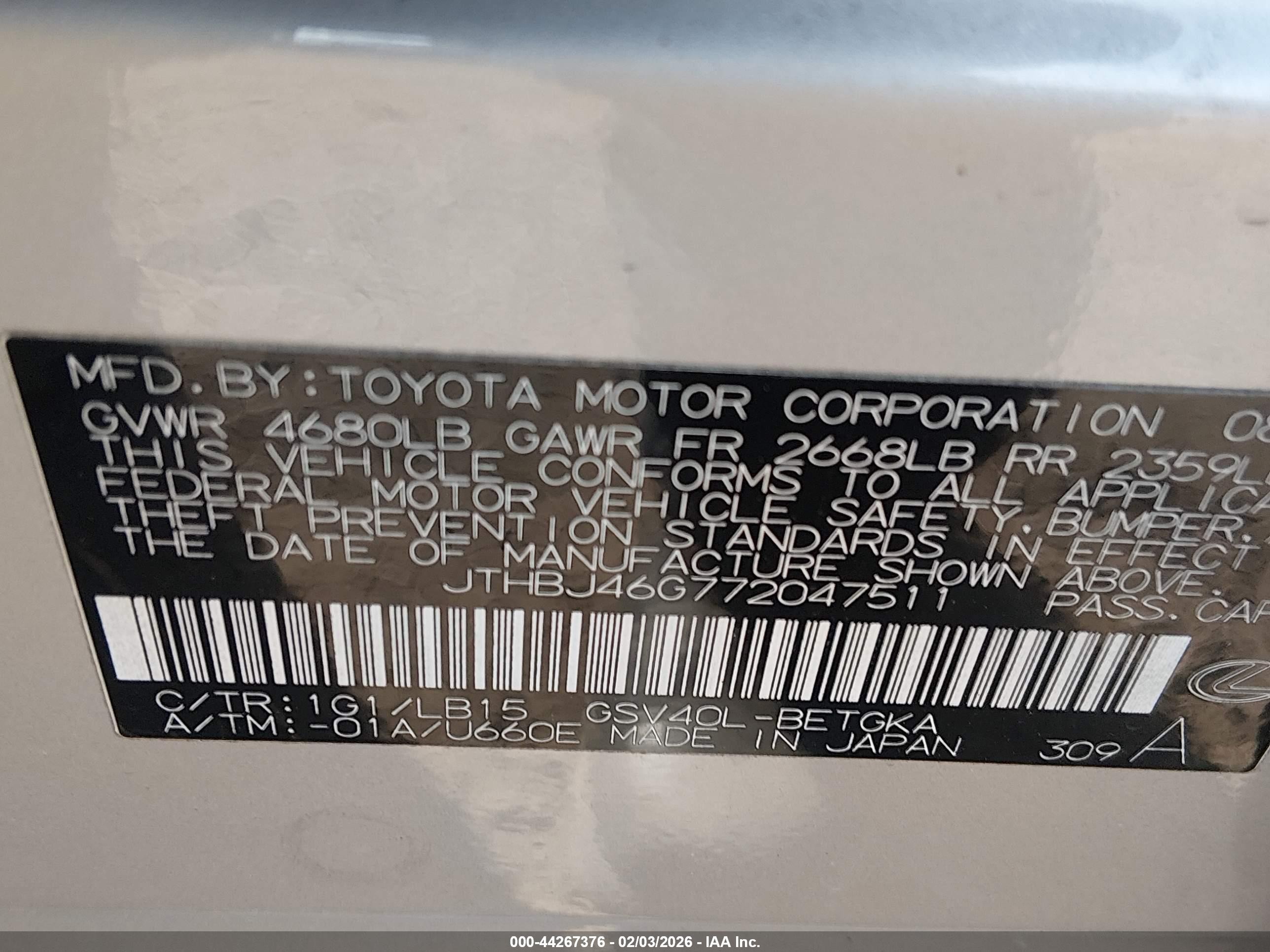 2007 Lexus Es 350 Silver vin: JTHBJ46G772047511