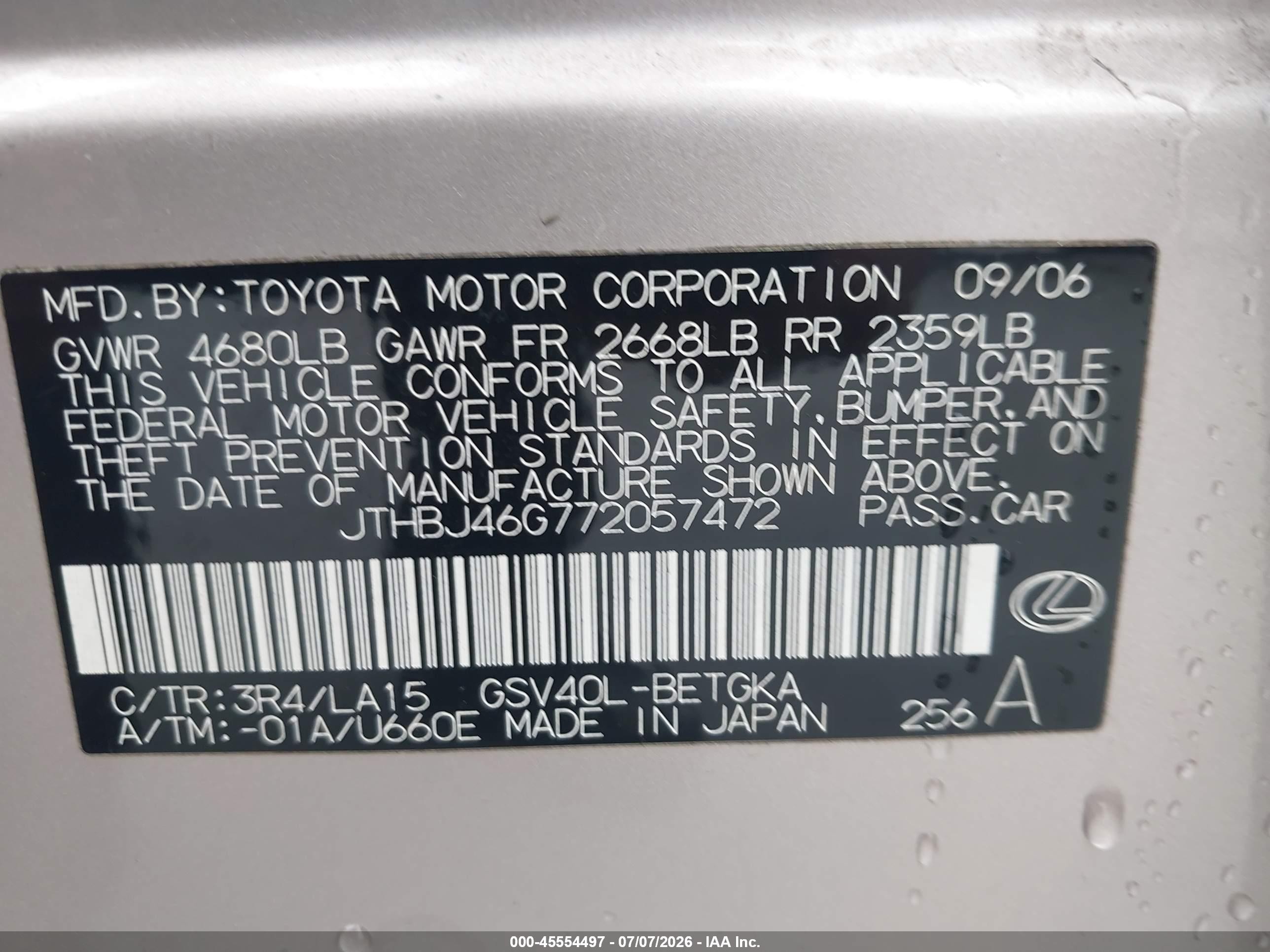 2007 Lexus Es 350   Silver vin: JTHBJ46G772057472