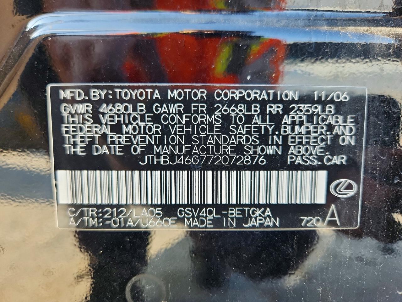 2007 Lexus Es 350 Black vin: JTHBJ46G772072876