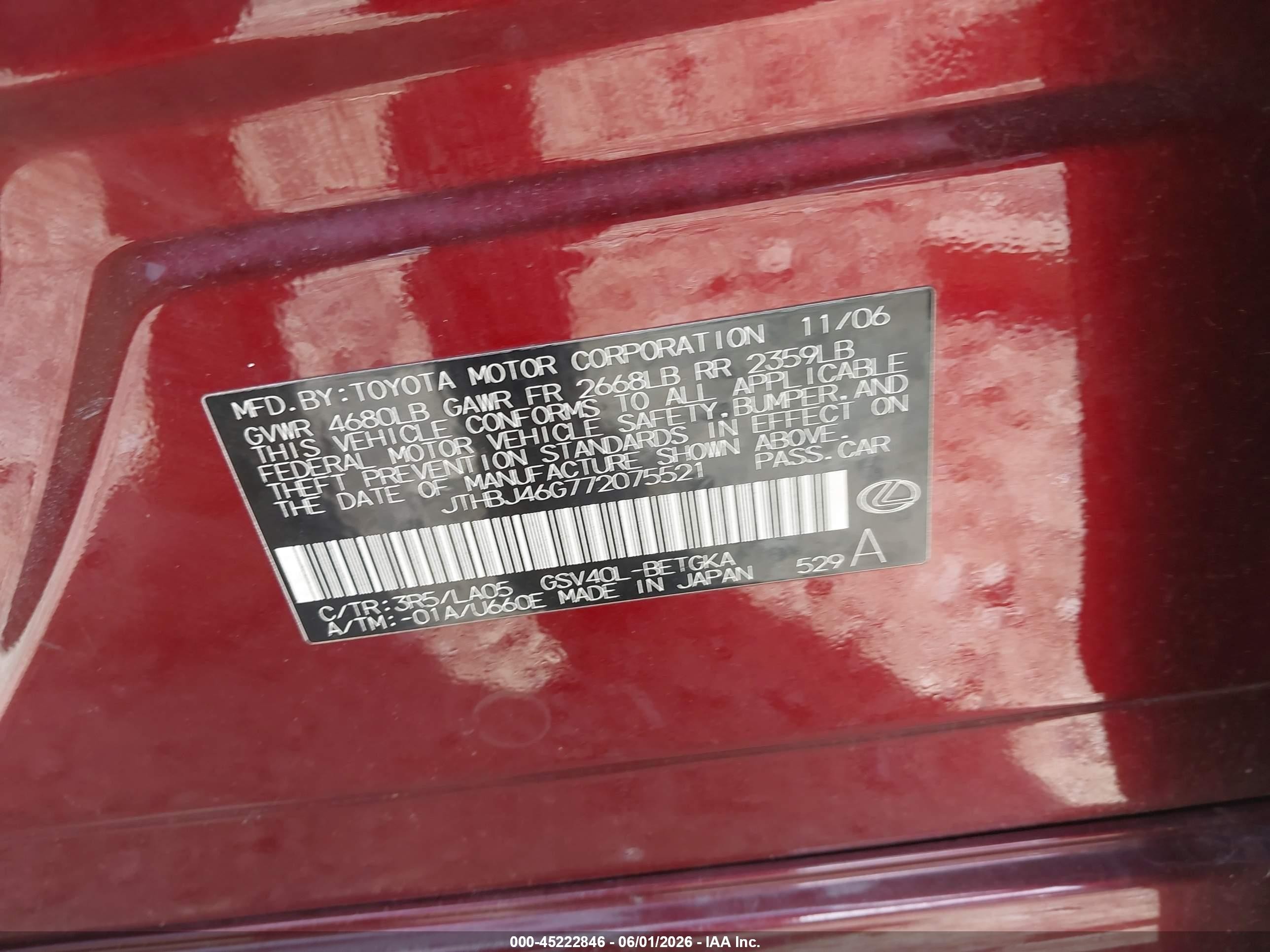 2007 Lexus Es 350   Red vin: JTHBJ46G772075521