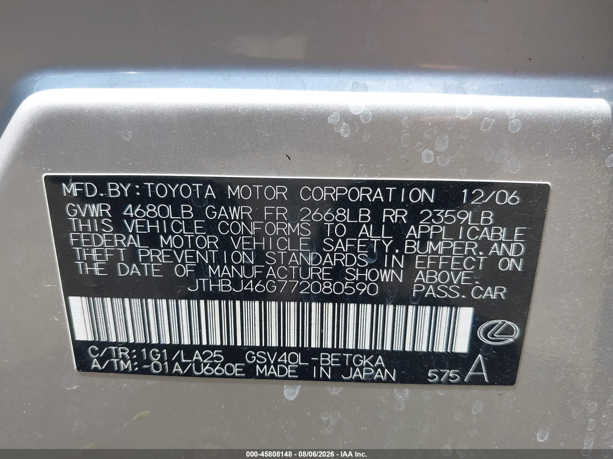 2007 Lexus Es 350   Black vin: JTHBJ46G772080590