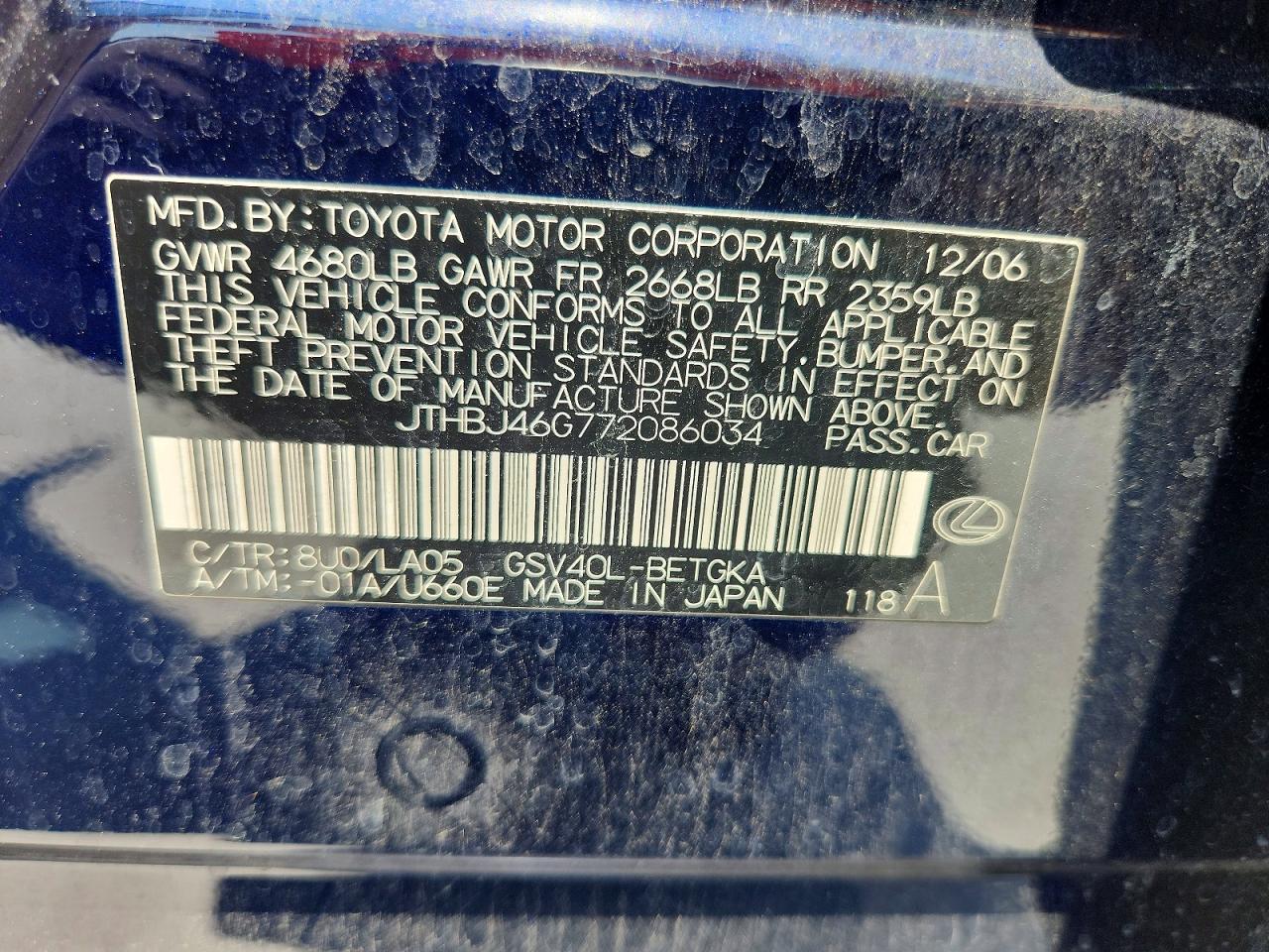 2007 Lexus Es 350 Blue vin: JTHBJ46G772086034