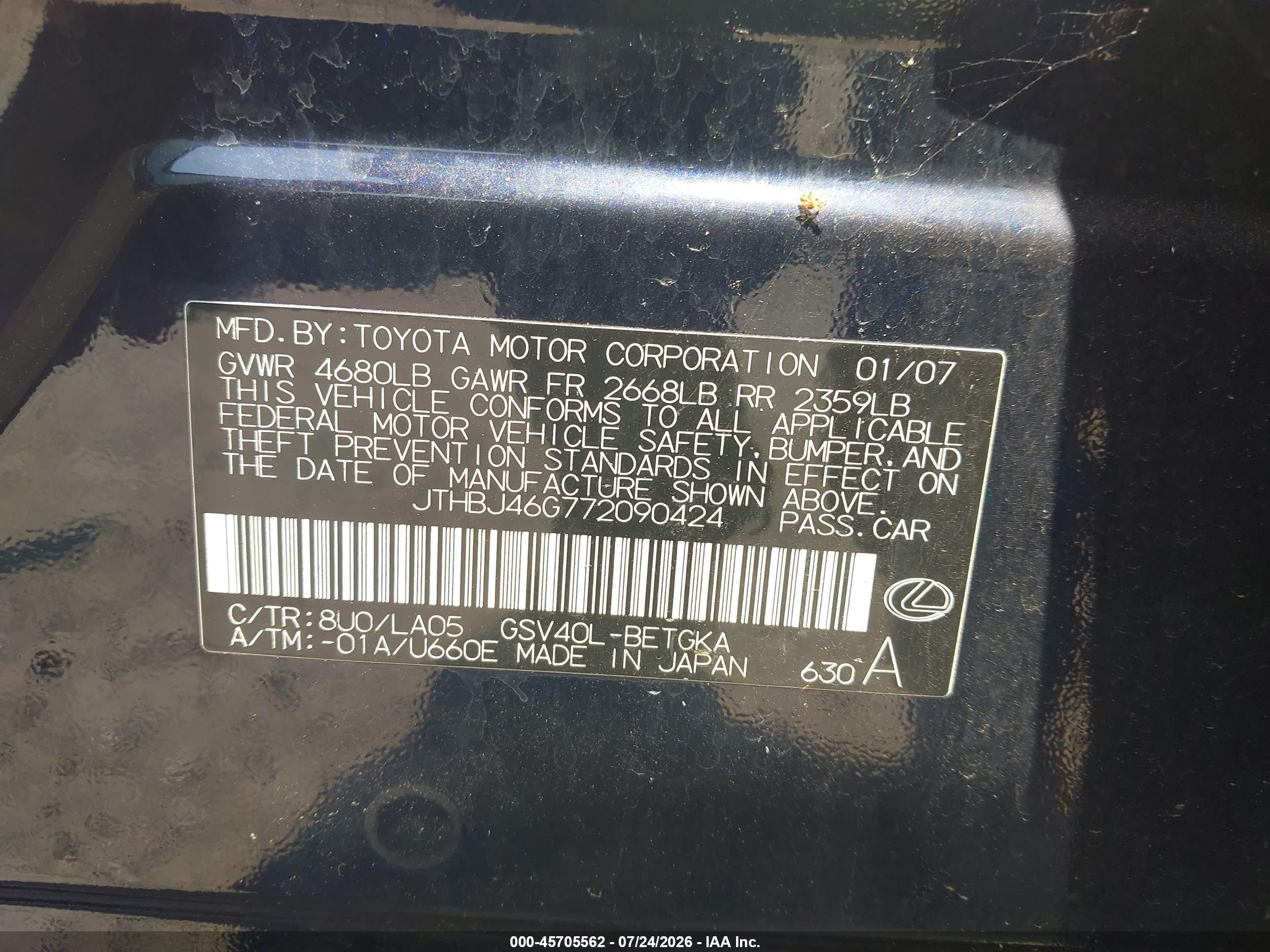 2007 Lexus Es 350   Черный vin: JTHBJ46G772090424