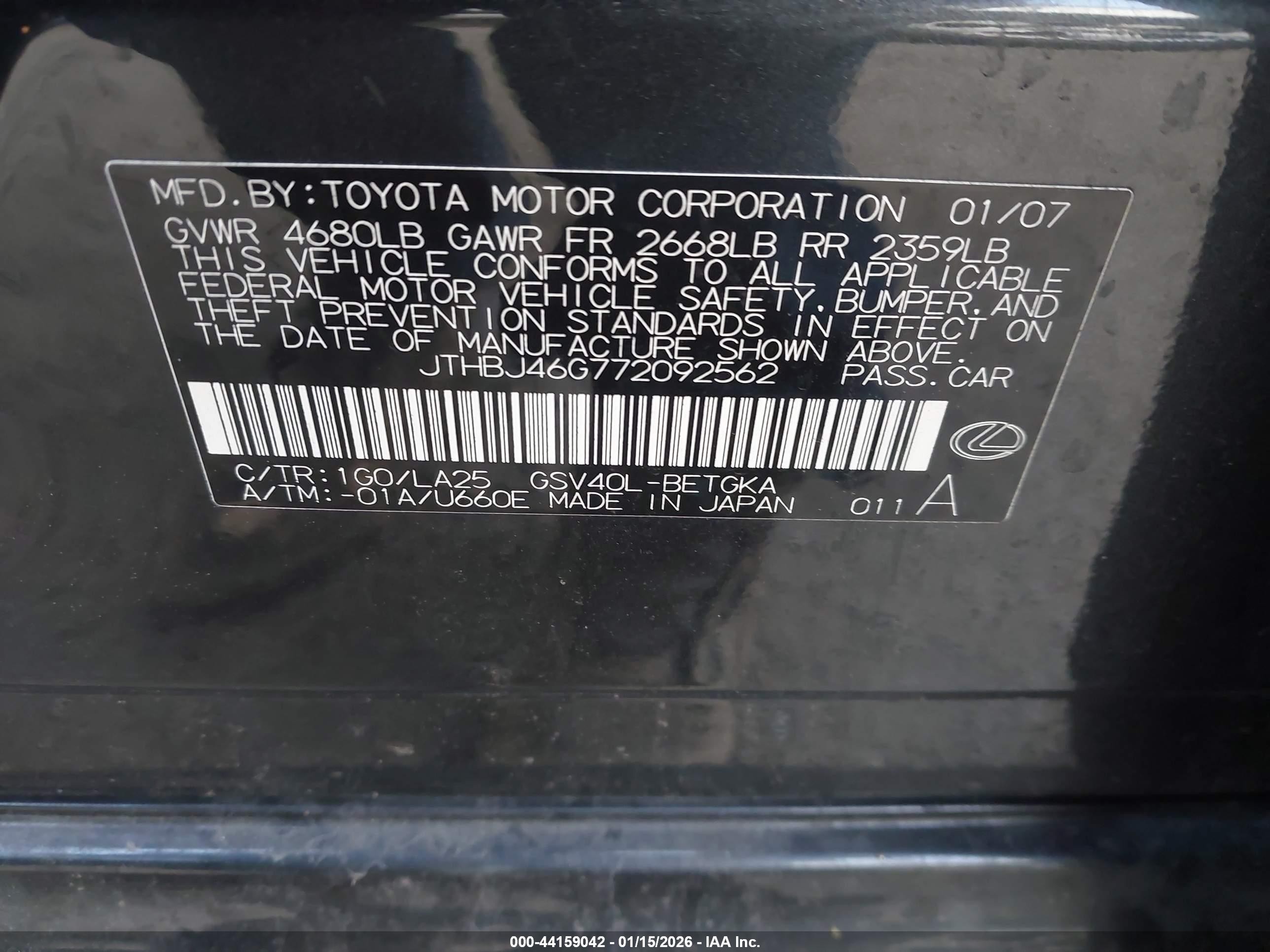 2007 Lexus Es 350   Gray vin: JTHBJ46G772092562