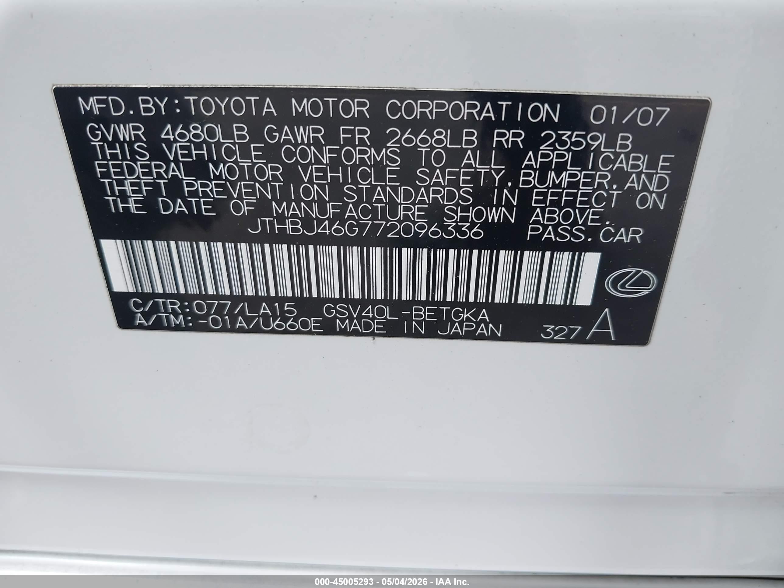 2007 Lexus Es 350   White vin: JTHBJ46G772096336