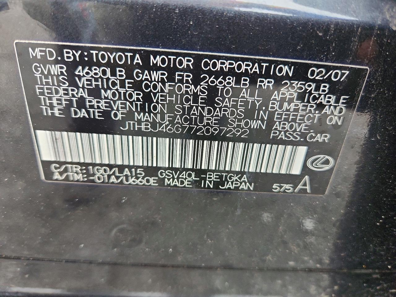 2007 Lexus Es 350 Gray vin: JTHBJ46G772097292