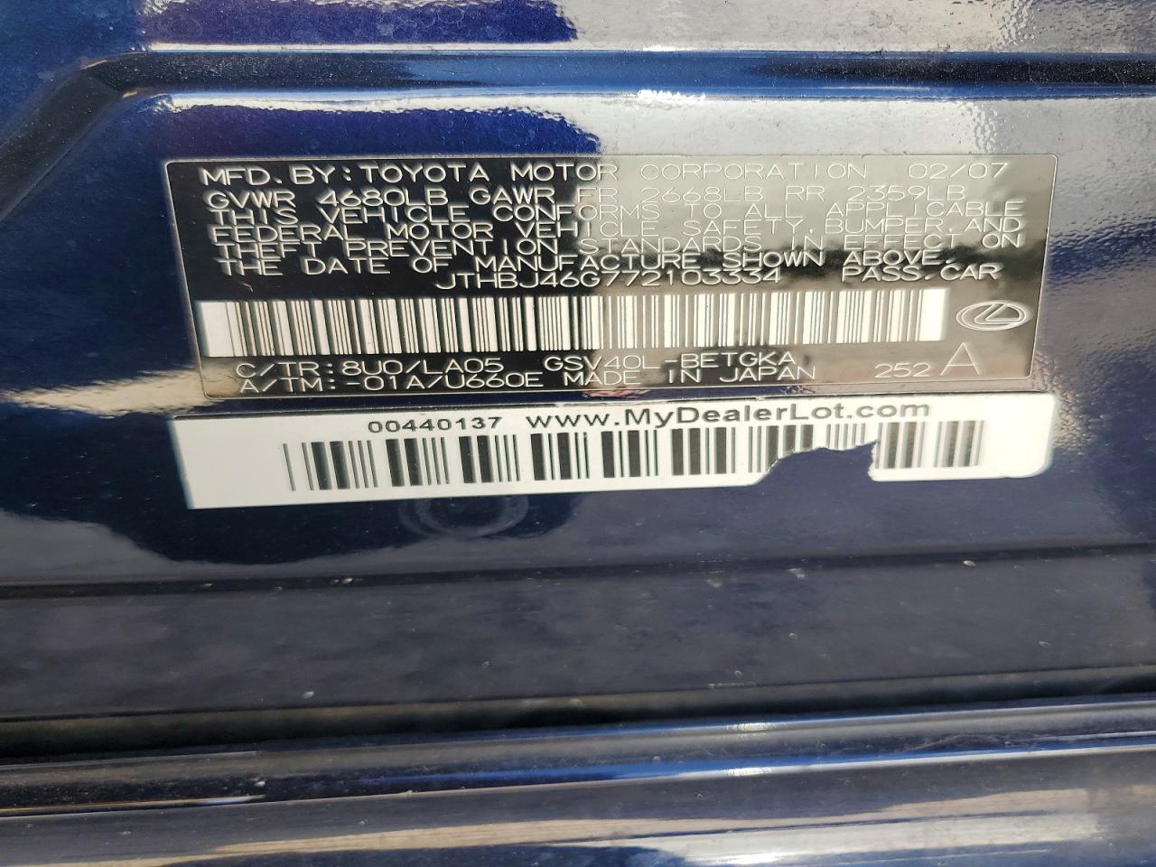 2007 Lexus Es 350 Blue vin: JTHBJ46G772103334
