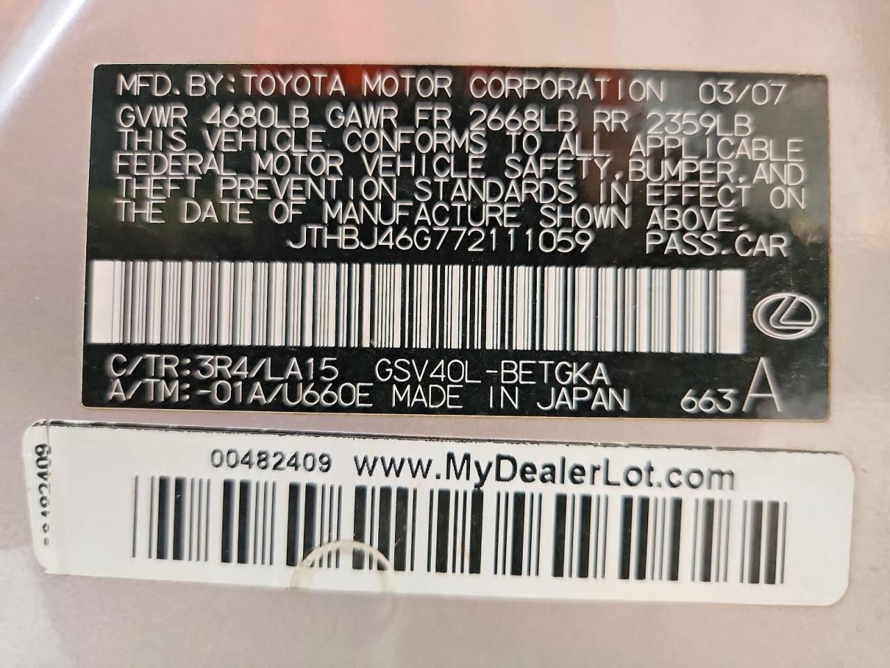 2007 Lexus Es 350 Beige vin: JTHBJ46G772111059