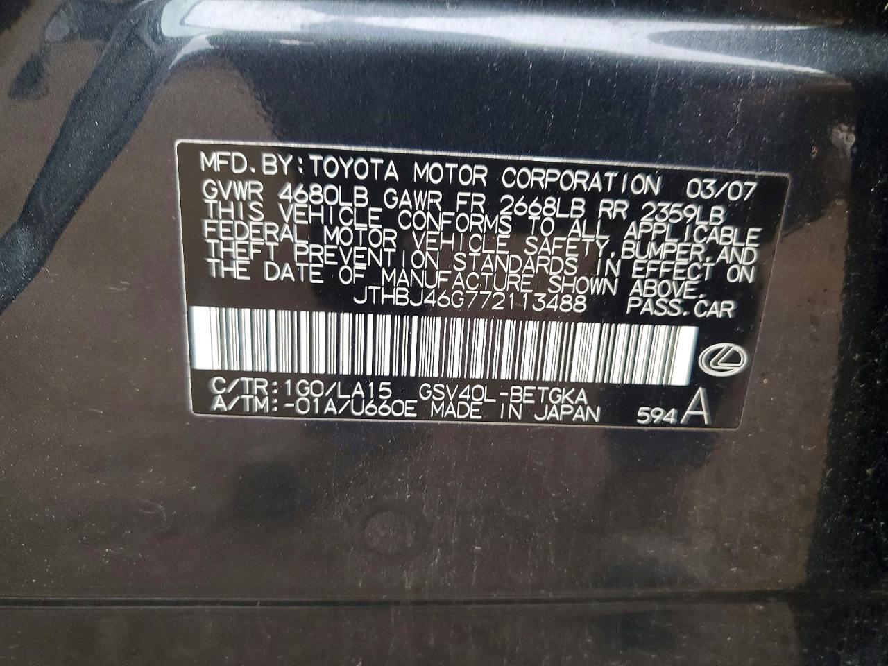 2007 Lexus Es 350 Gray vin: JTHBJ46G772113488