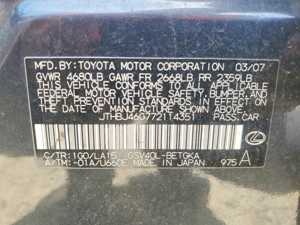 2007 Lexus Es 350 Blue vin: JTHBJ46G772114351