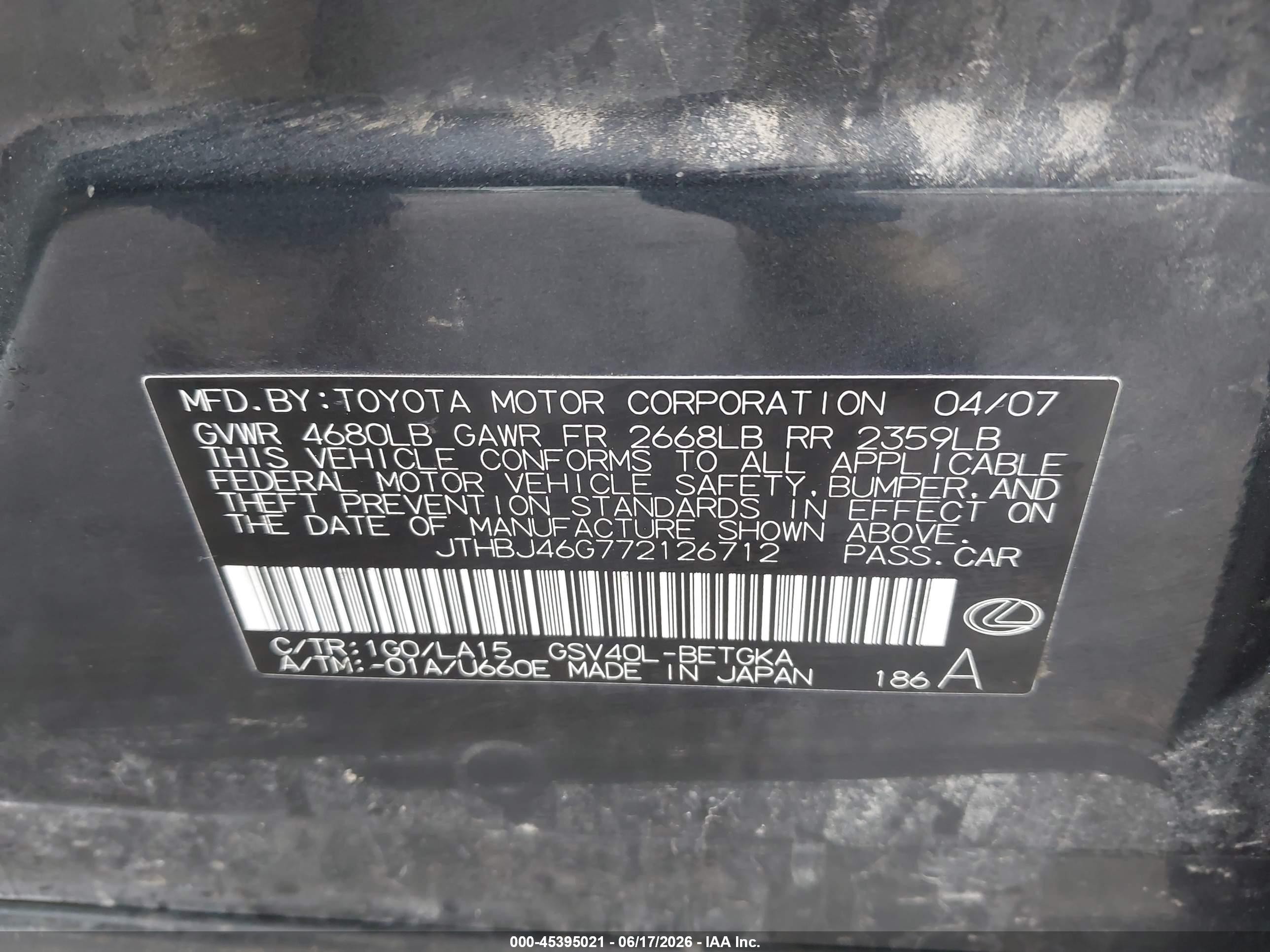 2007 Lexus Es 350   Gray vin: JTHBJ46G772126712