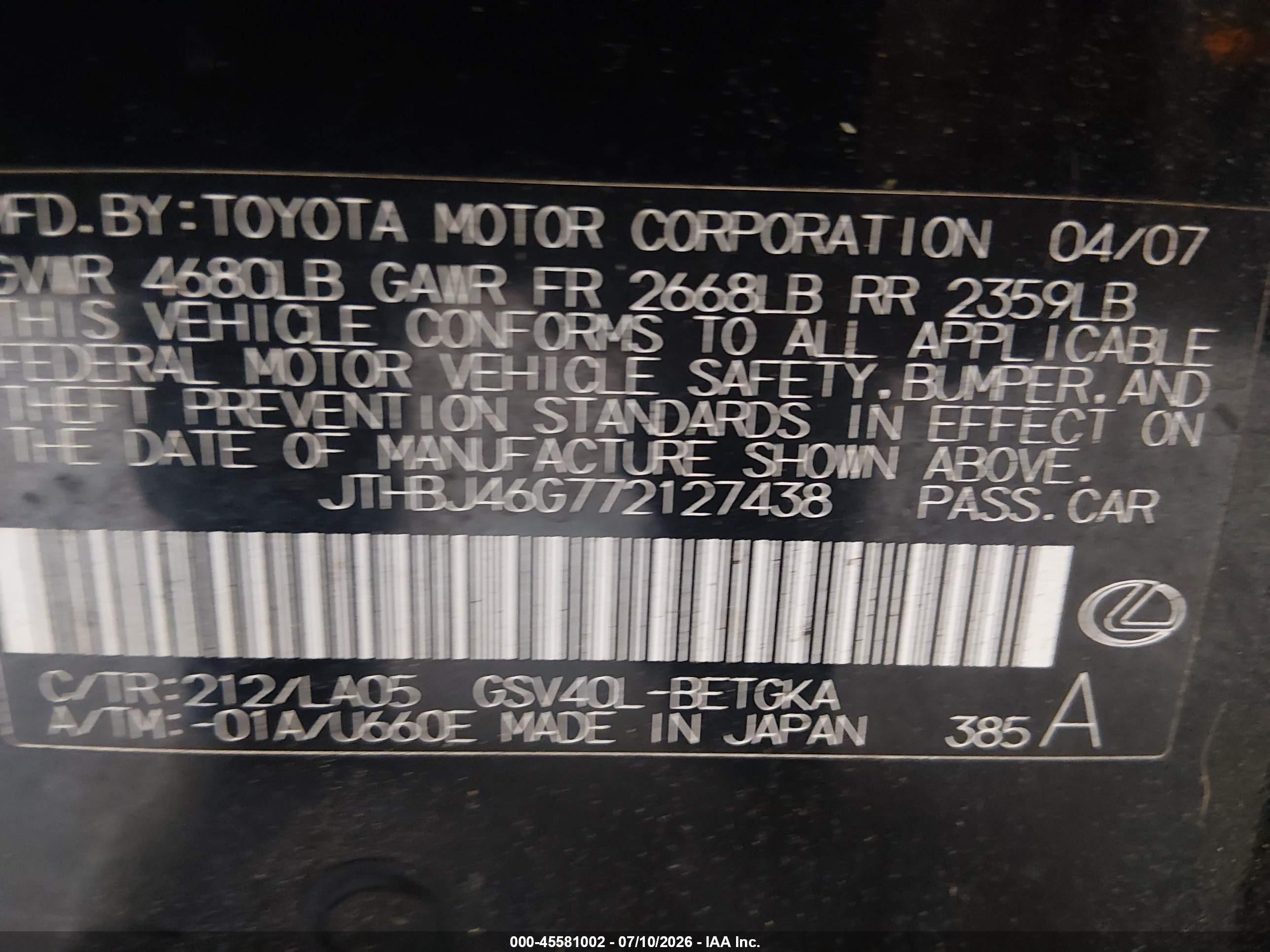2007 Lexus Es 350   Черный vin: JTHBJ46G772127438