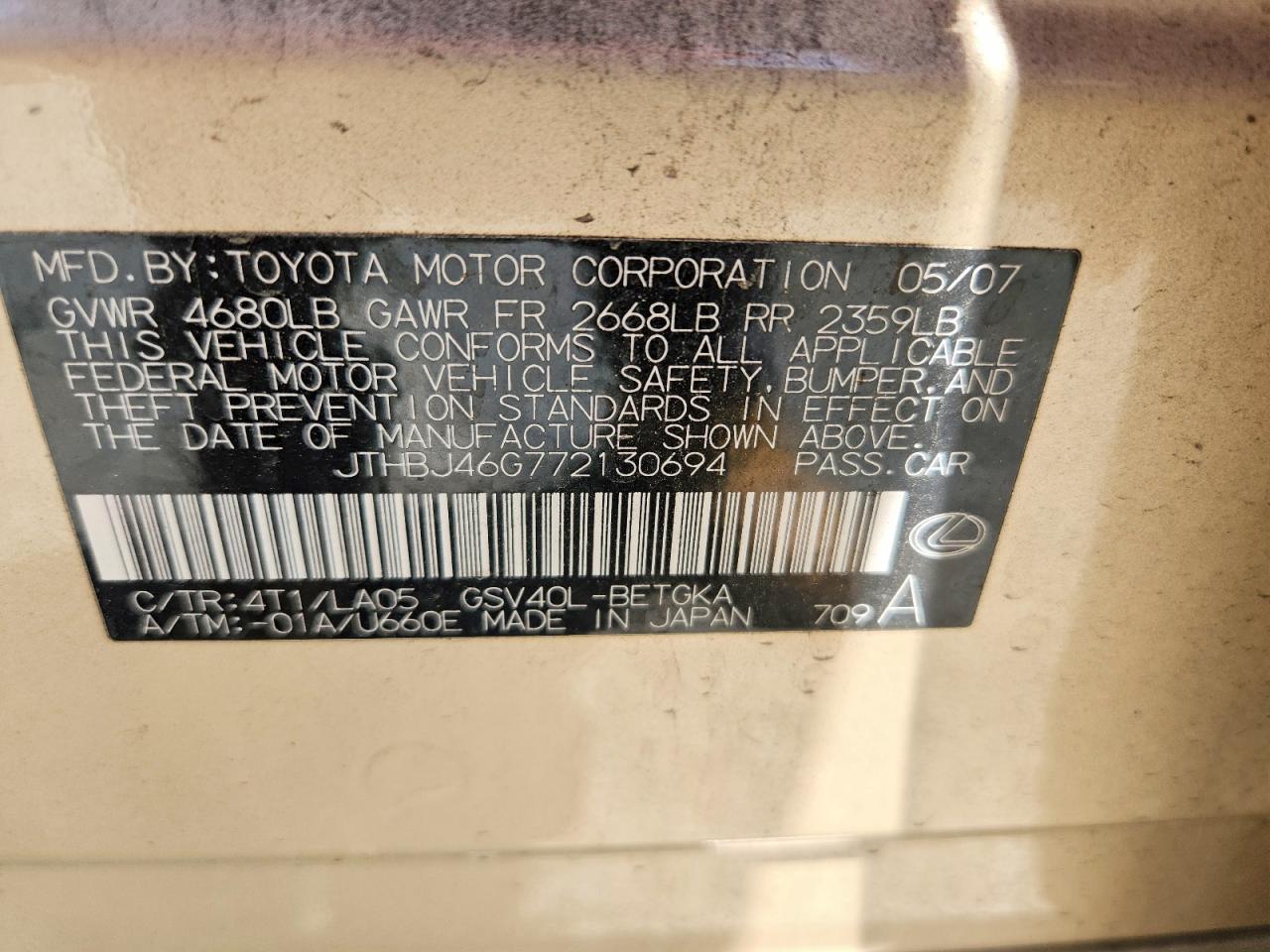 2007 Lexus Es 350 Gold vin: JTHBJ46G772130694