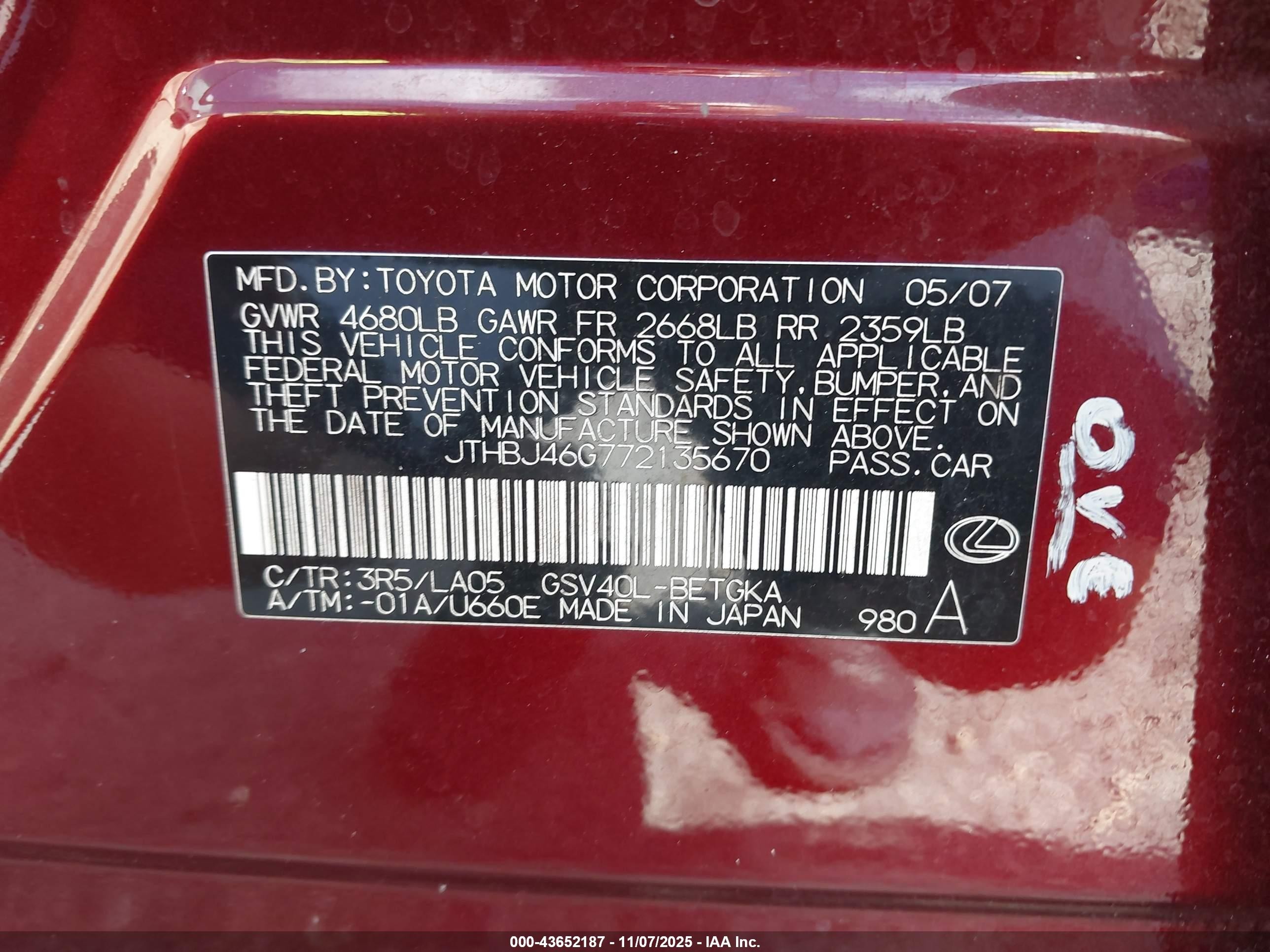 2007 Lexus Es 350   Burgundy vin: JTHBJ46G772135670