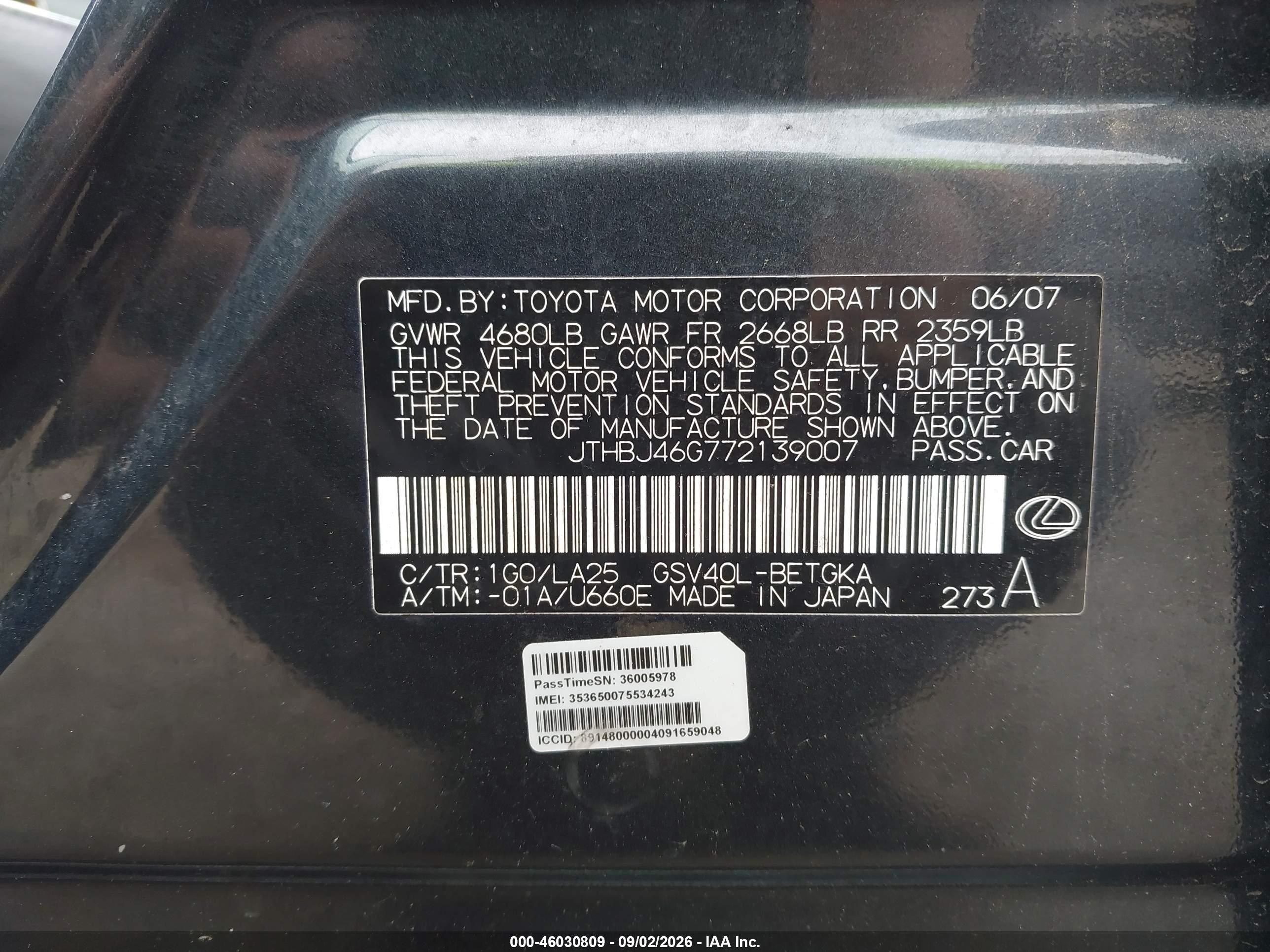 2007 Lexus Es 350   Black vin: JTHBJ46G772139007