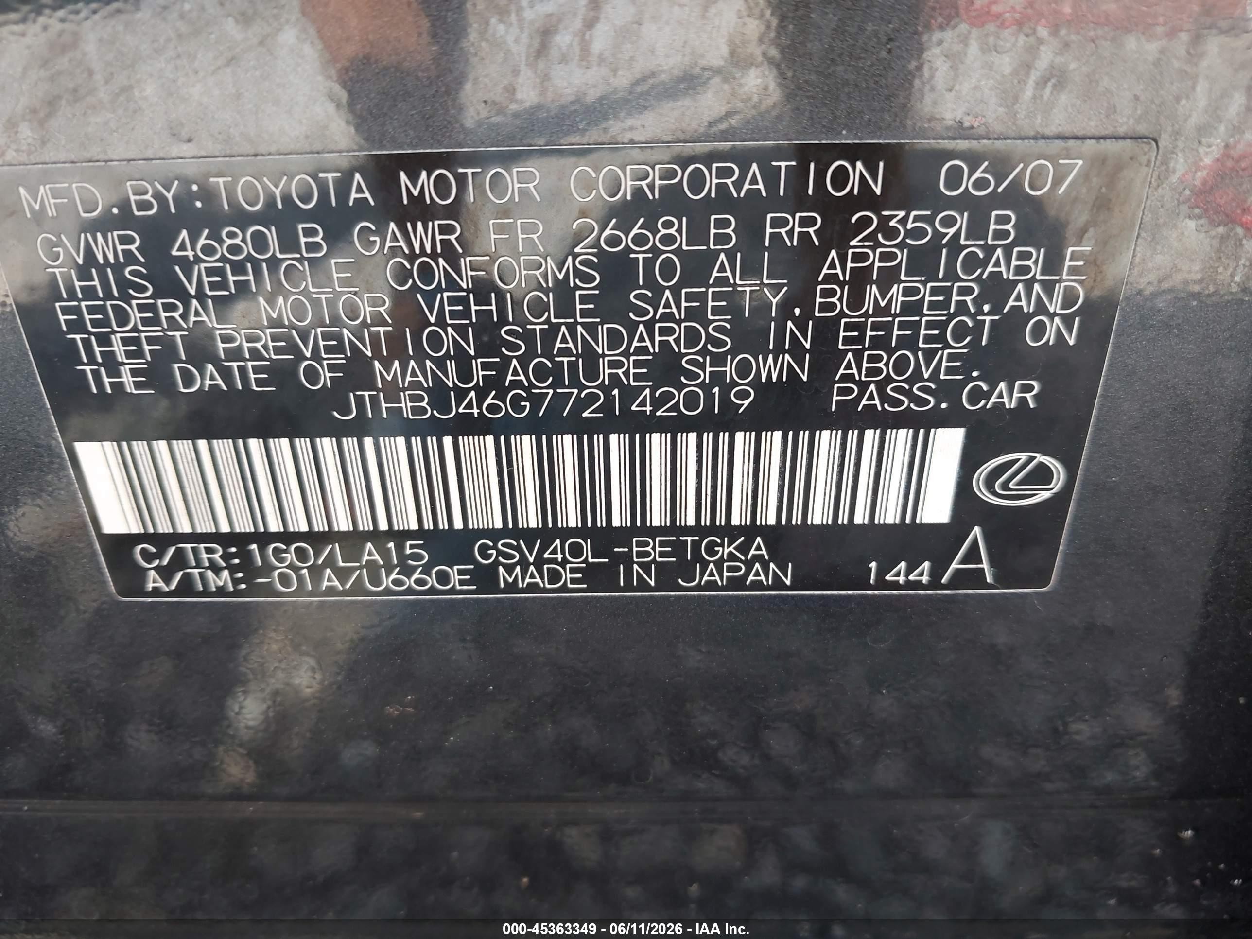 2007 Lexus Es 350   Black vin: JTHBJ46G772142019