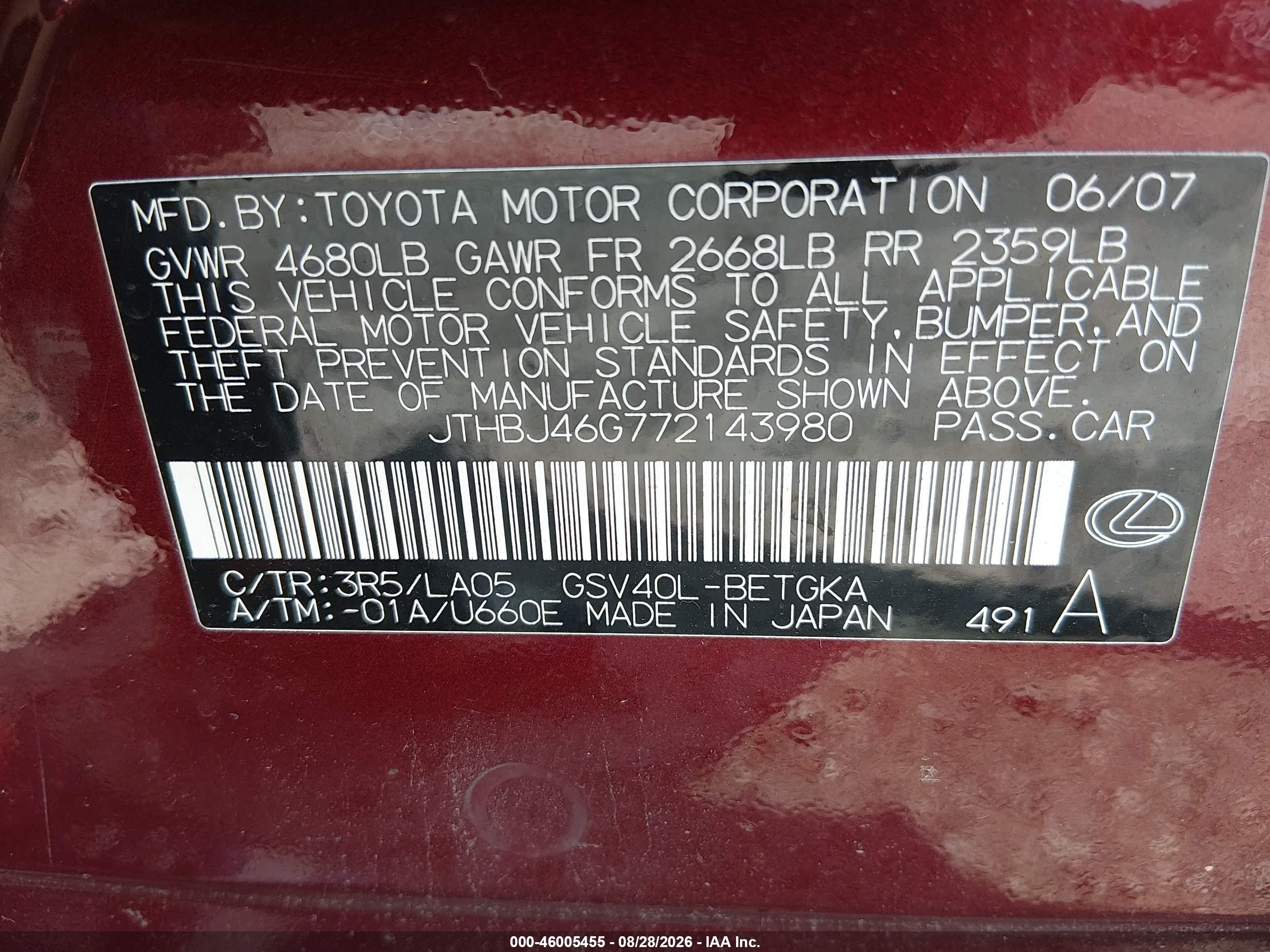 2007 Lexus Es 350   Red vin: JTHBJ46G772143980