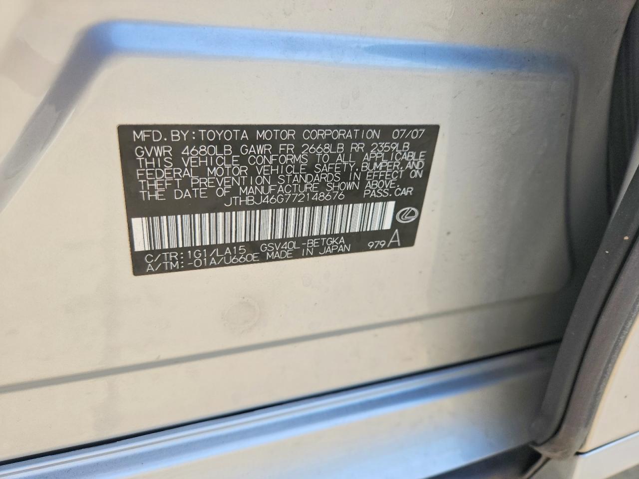 2007 Lexus Es 350 Серебряный vin: JTHBJ46G772148676