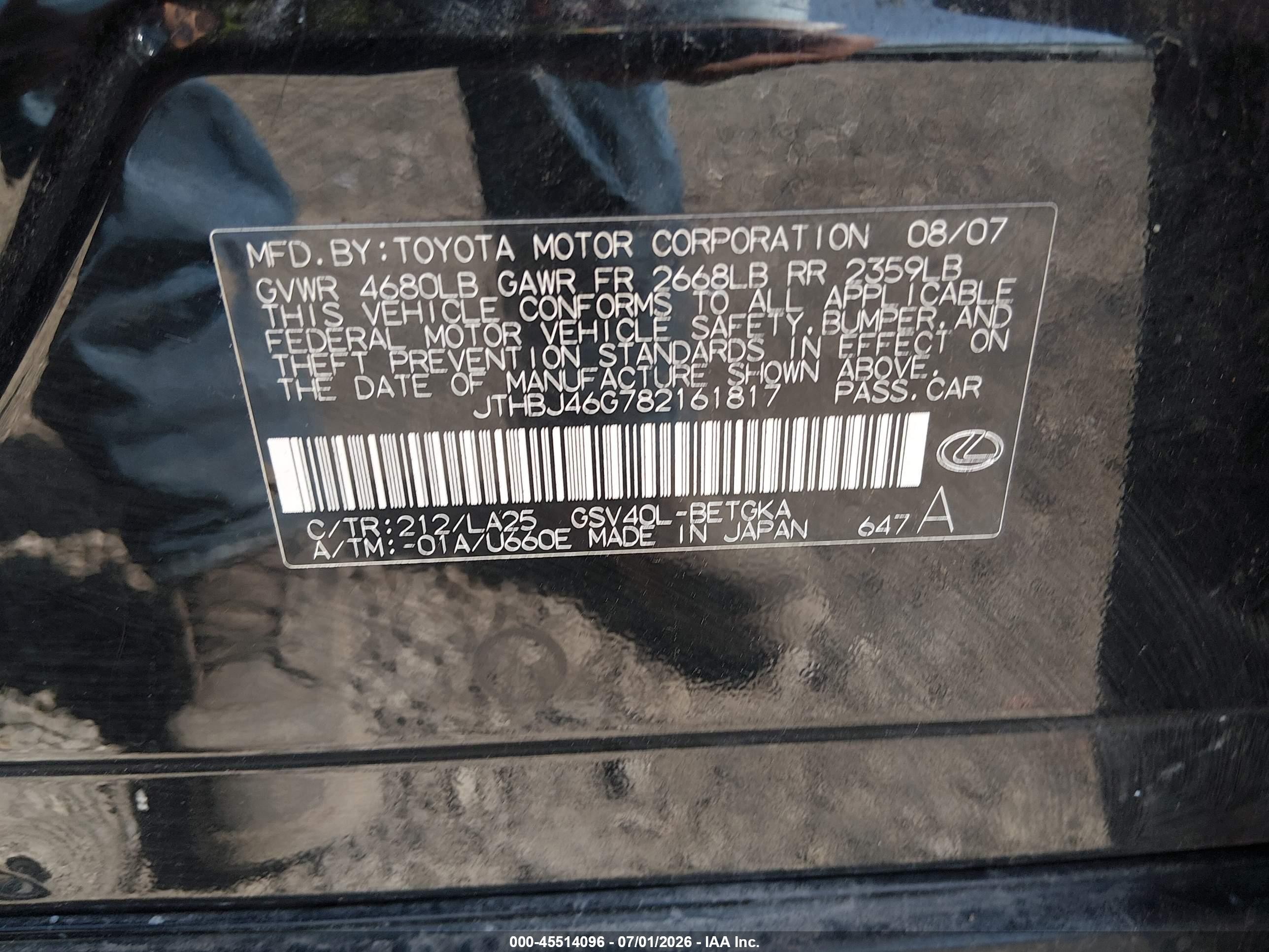 2008 Lexus Es 350   Black vin: JTHBJ46G782161817