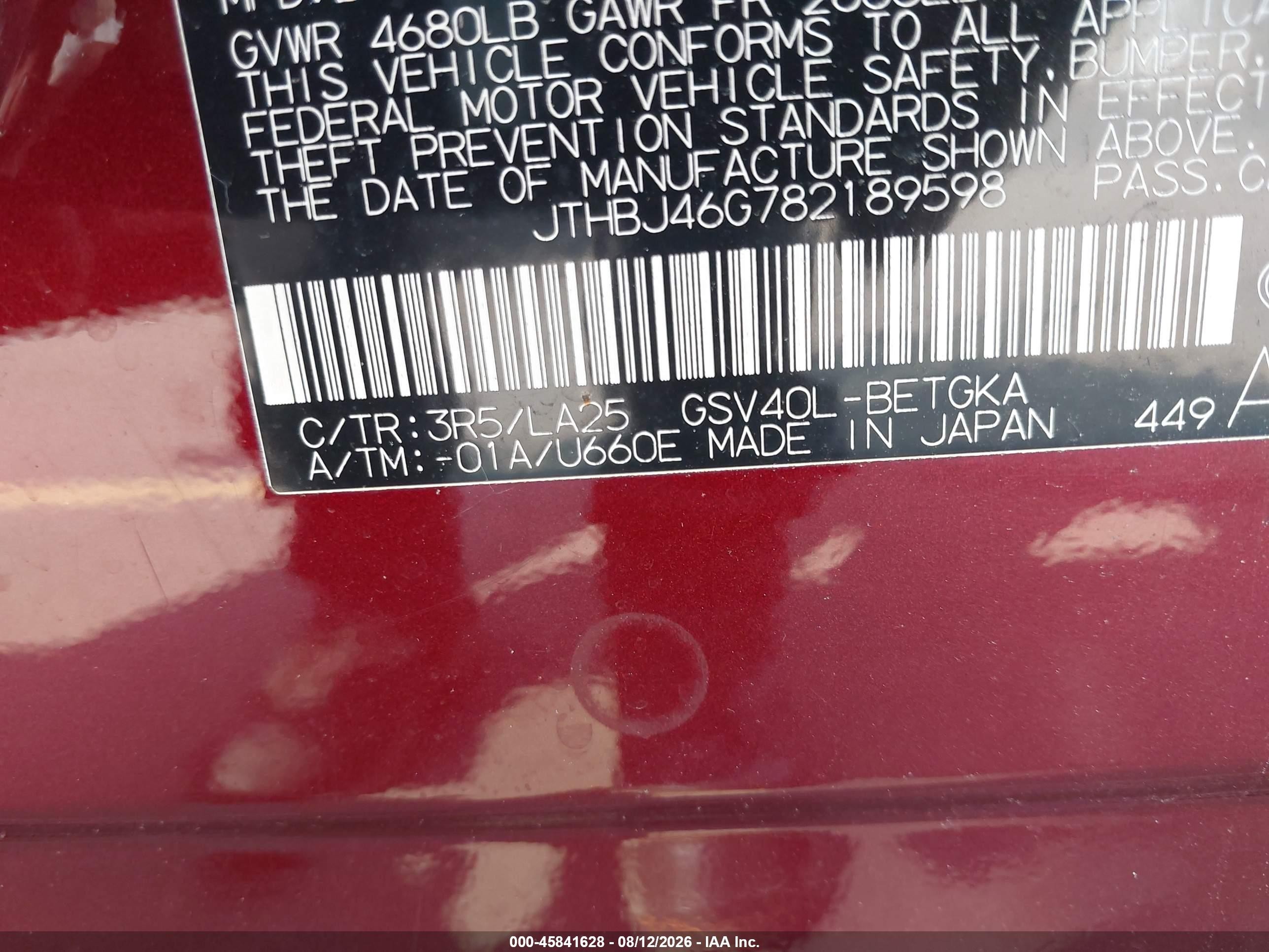2008 Lexus Es 350 Base (a6) Red vin: JTHBJ46G782189598