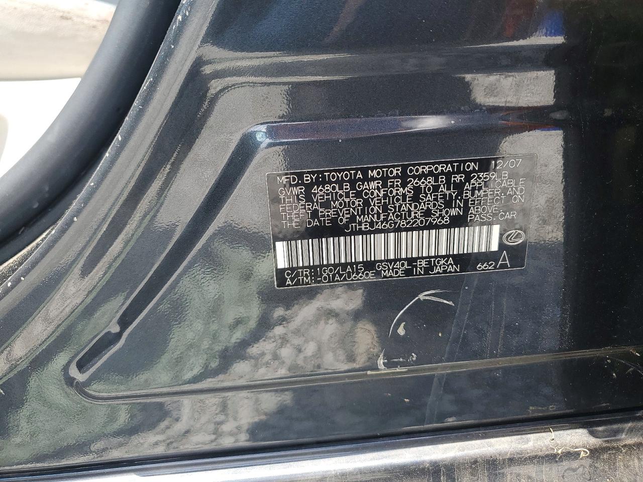 2008 Lexus Es 350 Charcoal vin: JTHBJ46G782207968