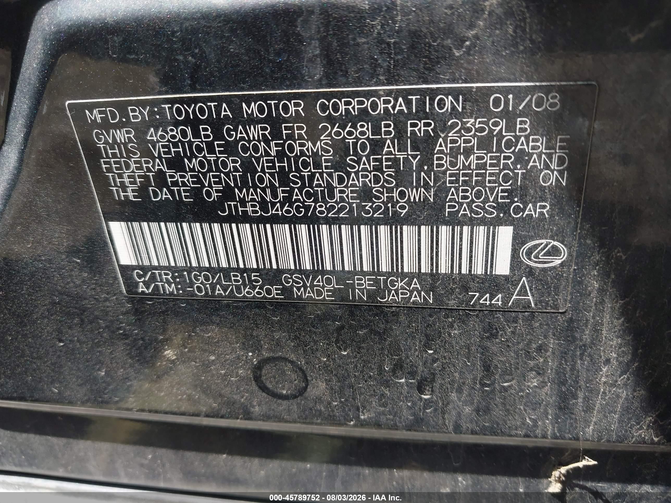 2008 Lexus Es 350 Black vin: JTHBJ46G782213219