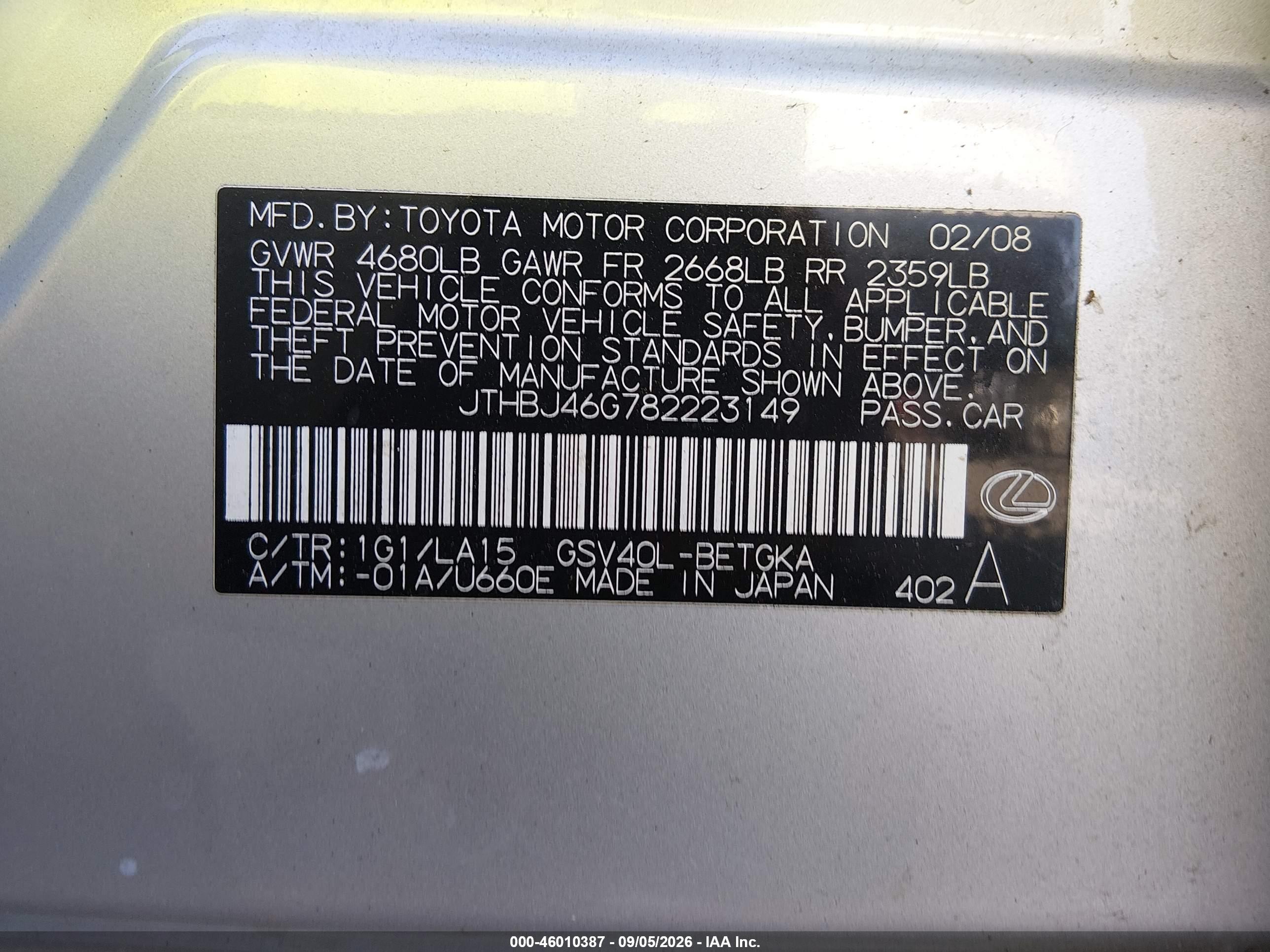 2008 Lexus Es 350   Silver vin: JTHBJ46G782223149