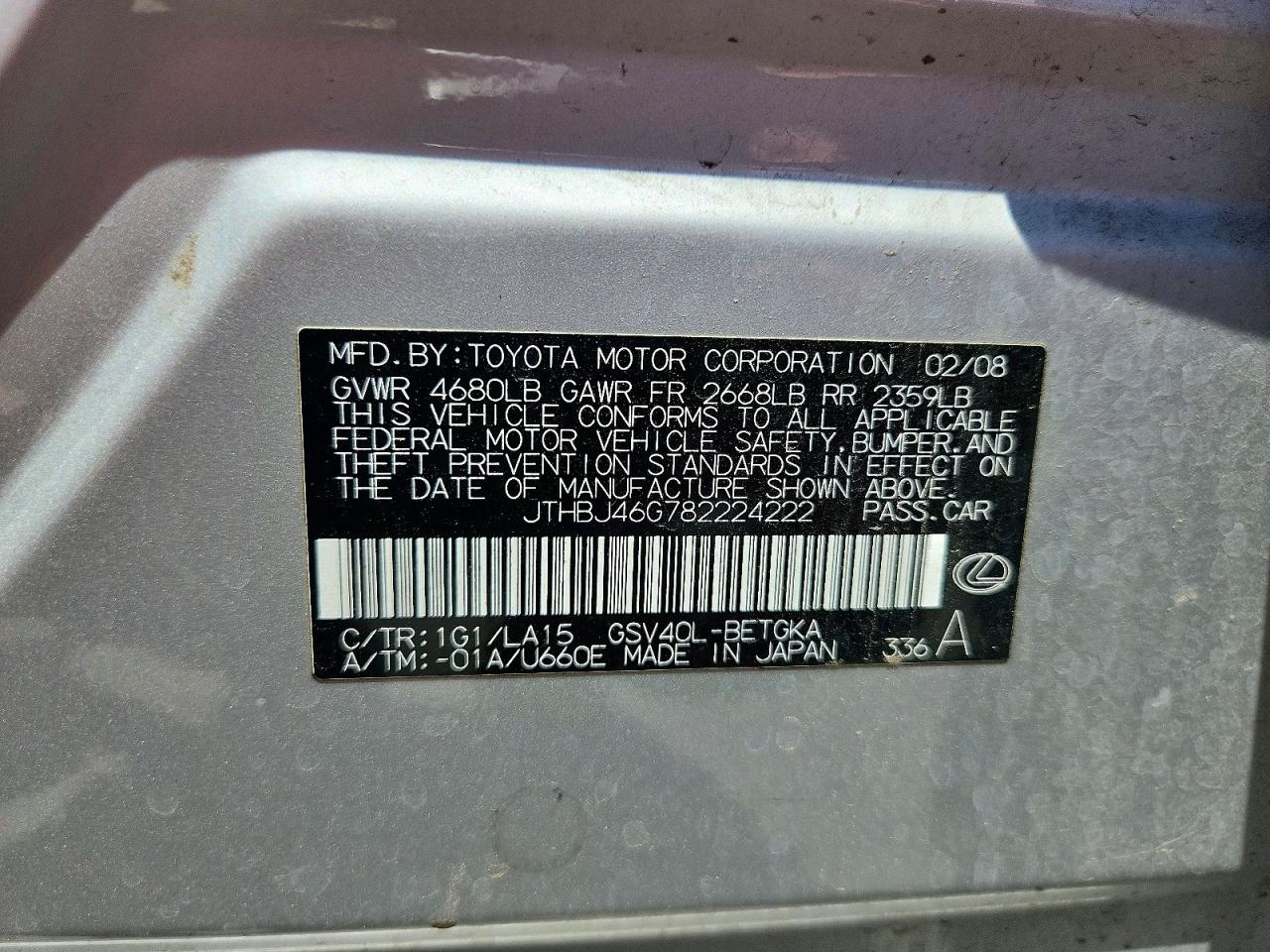 2008 Lexus Es 350 Серебряный vin: JTHBJ46G782224222