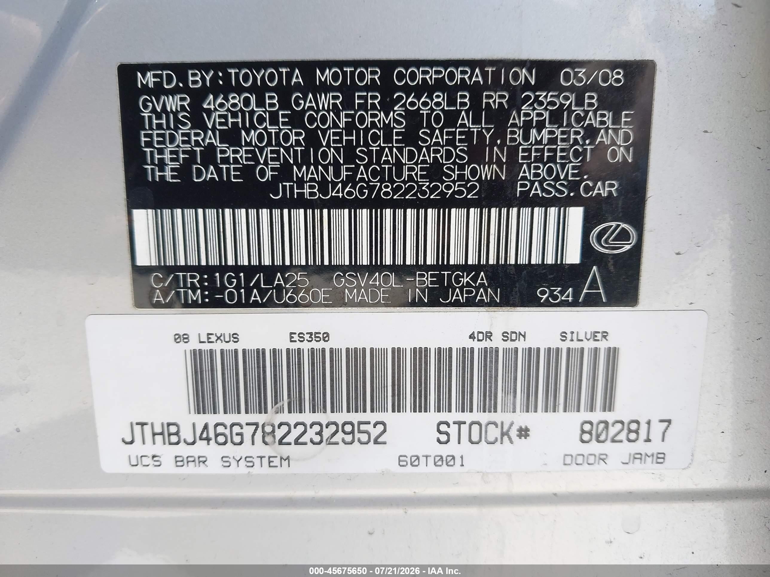 2008 Lexus Es 350   Silver vin: JTHBJ46G782232952