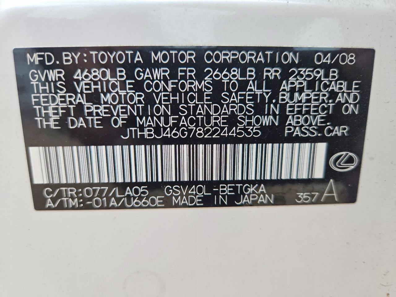 2008 Lexus Es 350 White vin: JTHBJ46G782244535