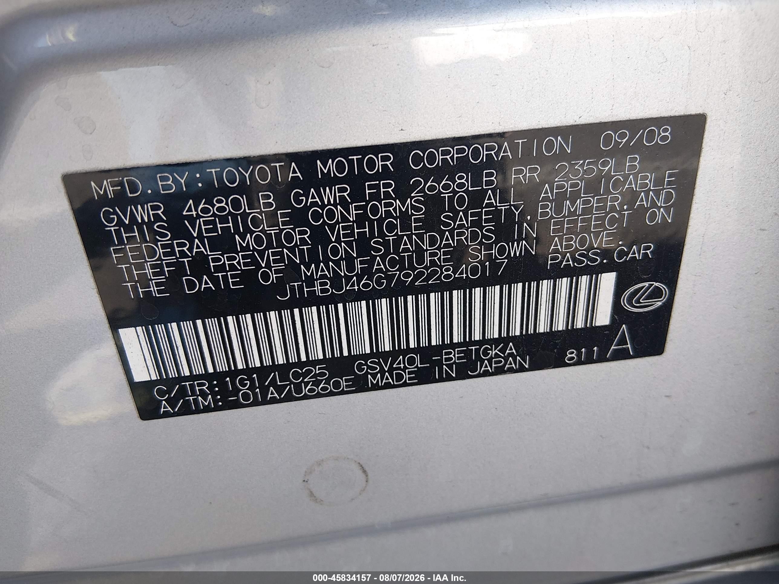 2009 Lexus Es 350 Silver vin: JTHBJ46G792284017