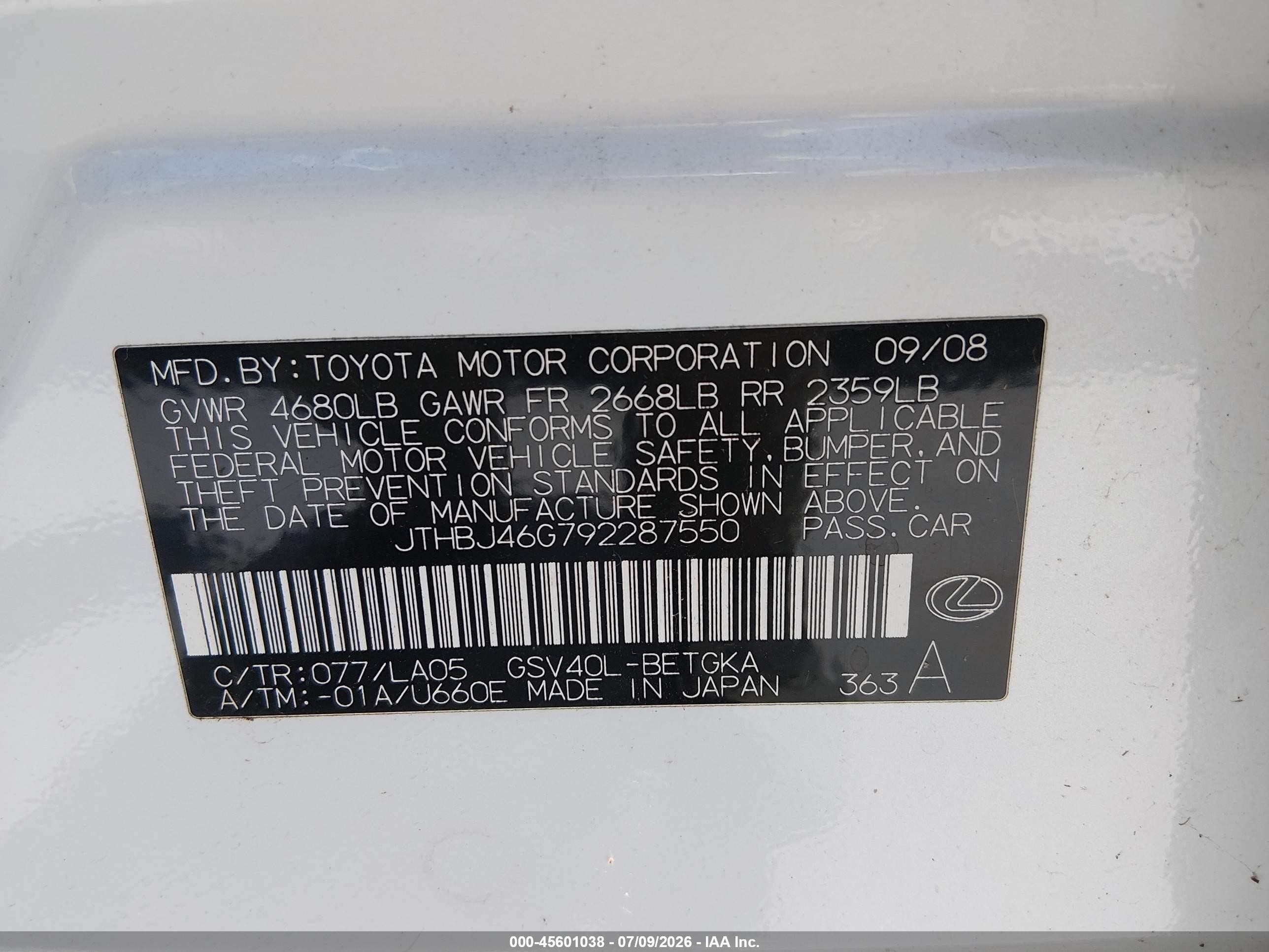 2009 Lexus Es 350   White vin: JTHBJ46G792287550