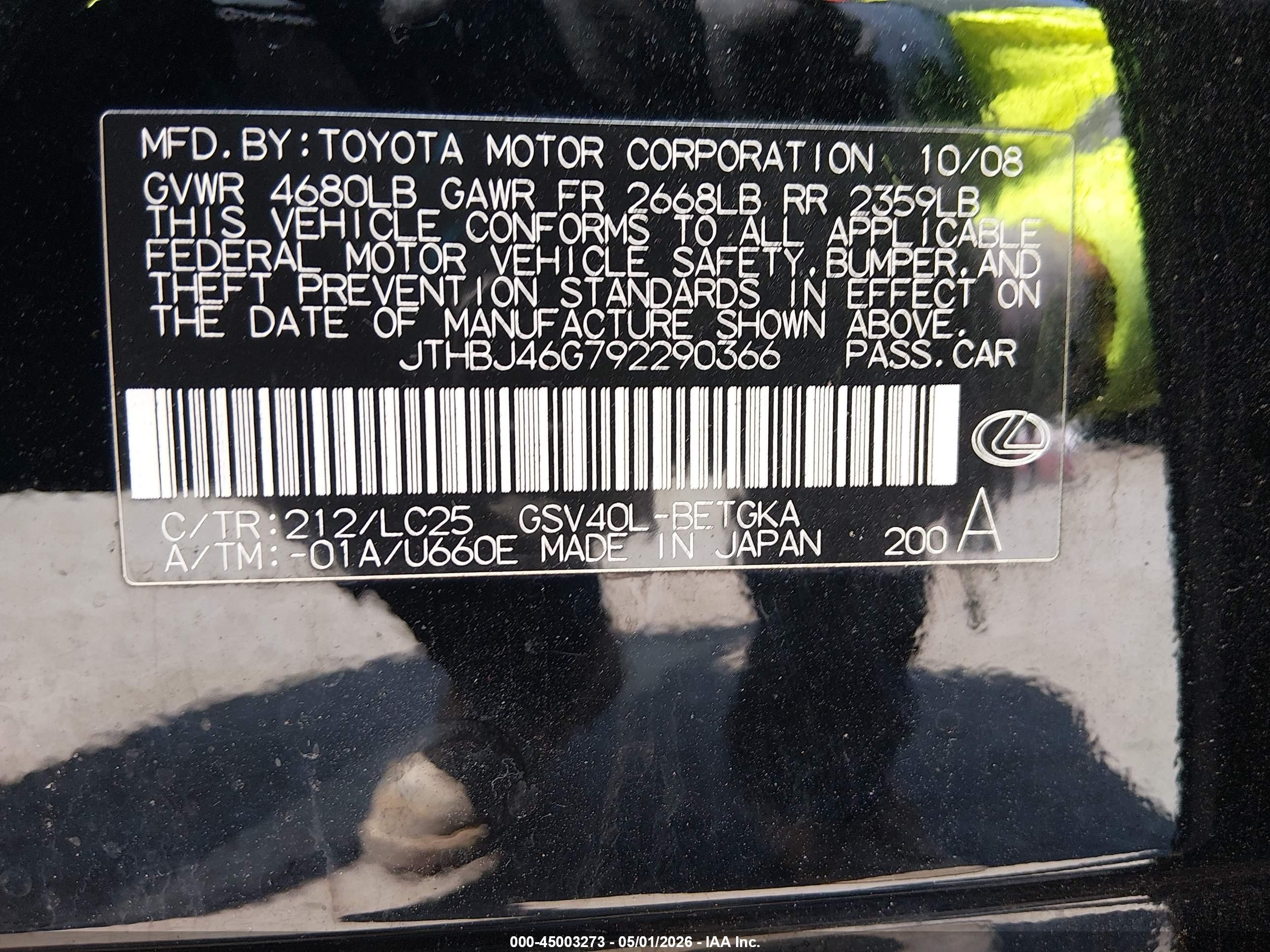 2009 Lexus Es 350   Black vin: JTHBJ46G792290366