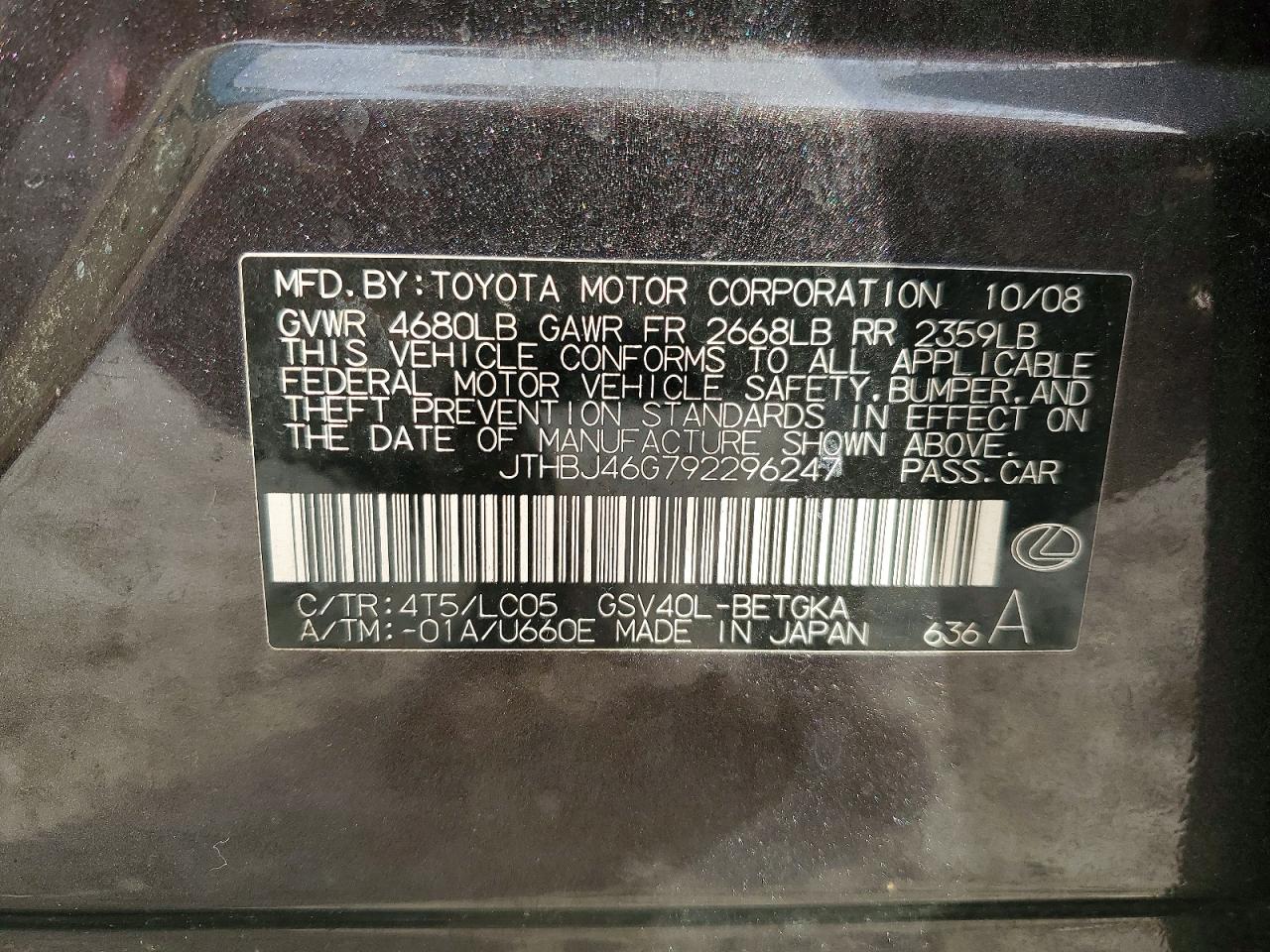 2009 Lexus Es 350 Charcoal vin: JTHBJ46G792296247