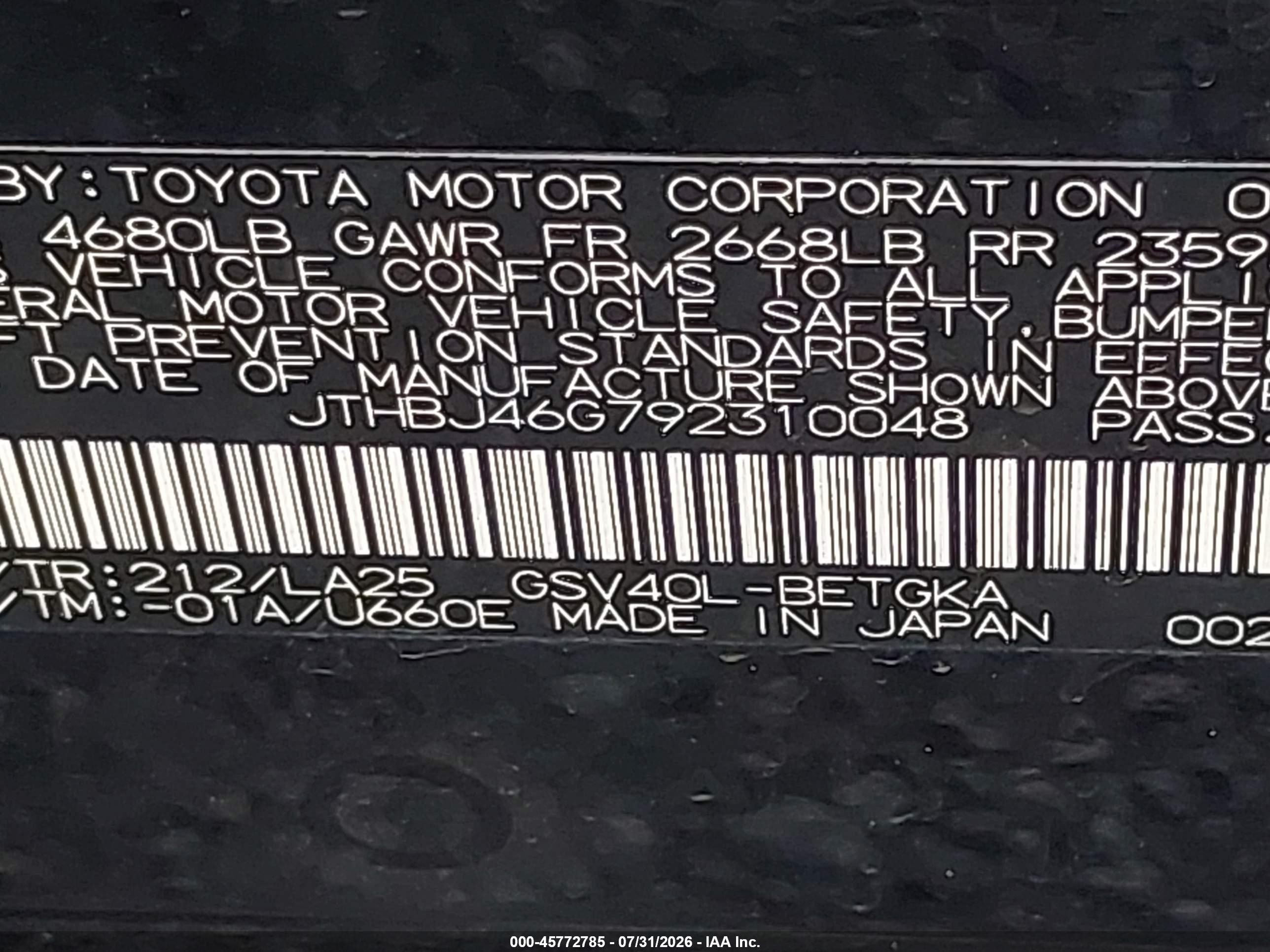2009 Lexus Es 350   Черный vin: JTHBJ46G792310048