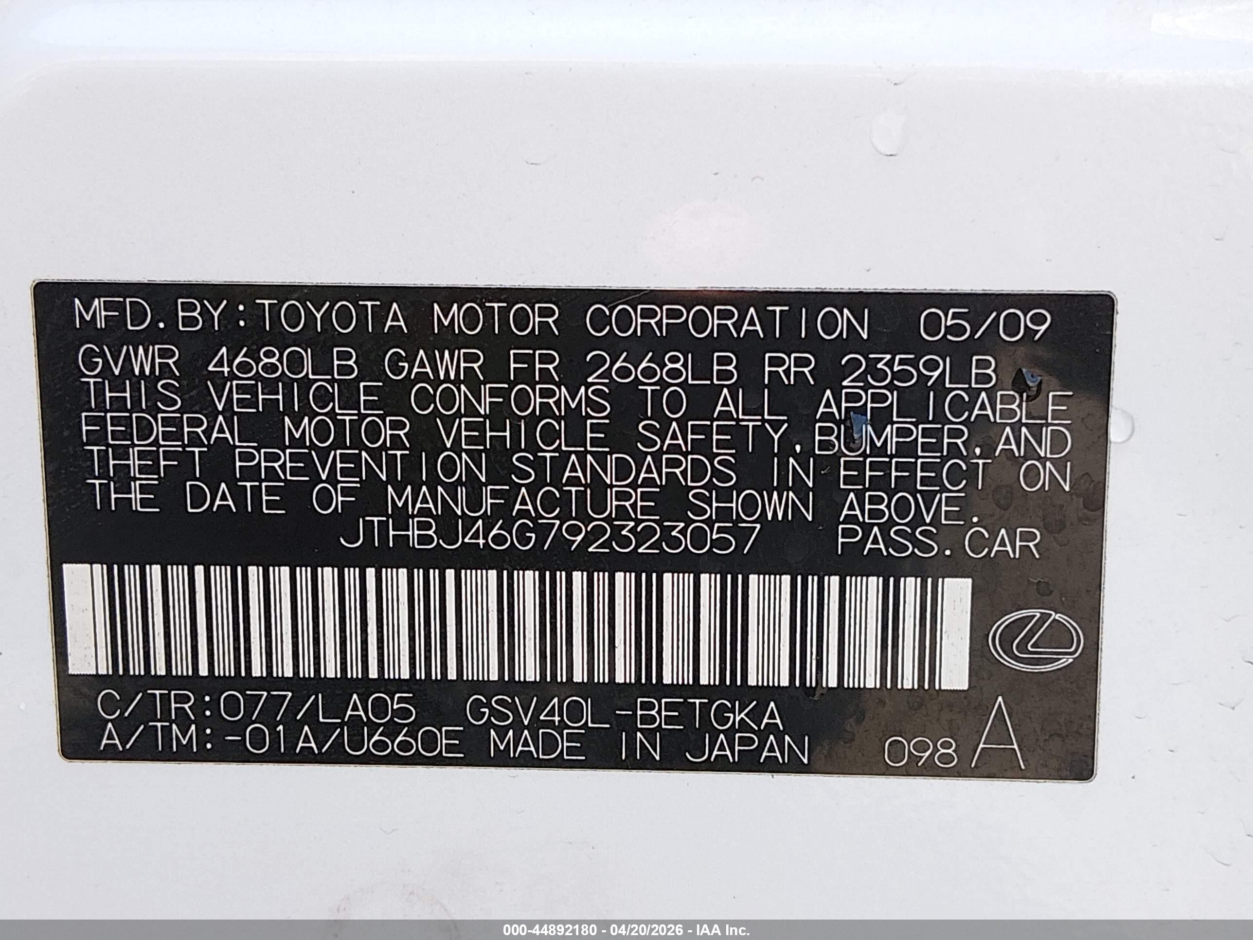 2009 Lexus Es 350   White vin: JTHBJ46G792323057