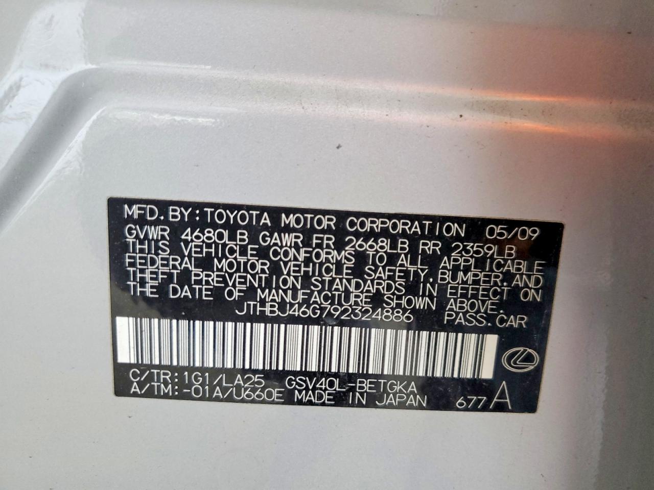 2009 Lexus Es 350 Silver vin: JTHBJ46G792324886
