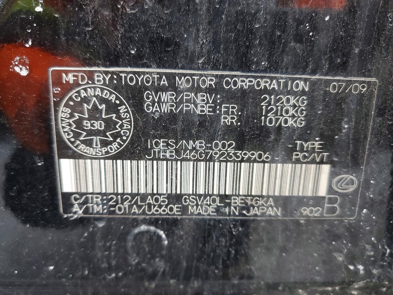 2009 Lexus Es 350 Base Черный vin: JTHBJ46G792339906