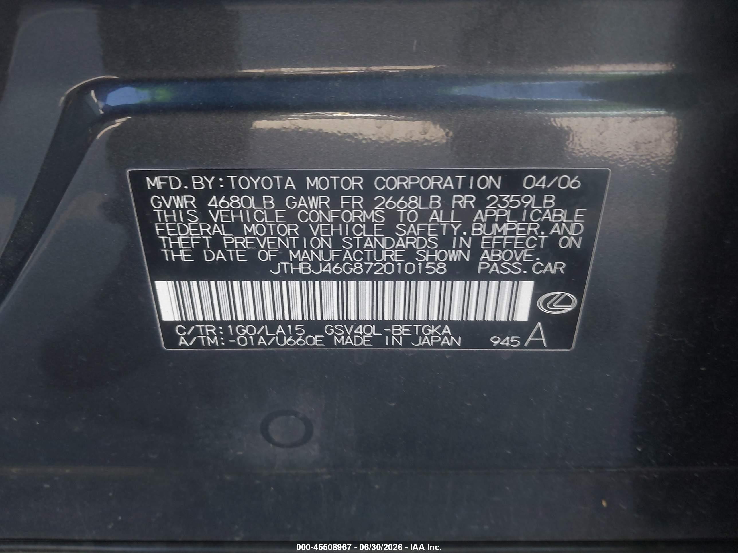 2007 Lexus Es 350   Gray vin: JTHBJ46G872010158