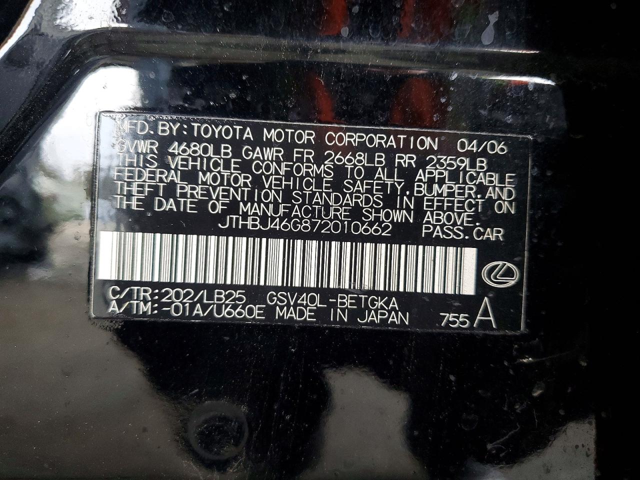 2007 Lexus Es 350 Black vin: JTHBJ46G872010662