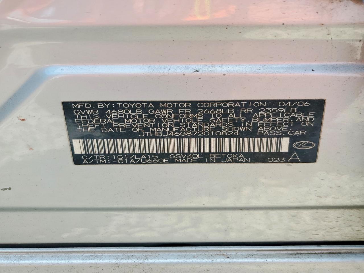 2007 Lexus Es 350 Silver vin: JTHBJ46G872010824